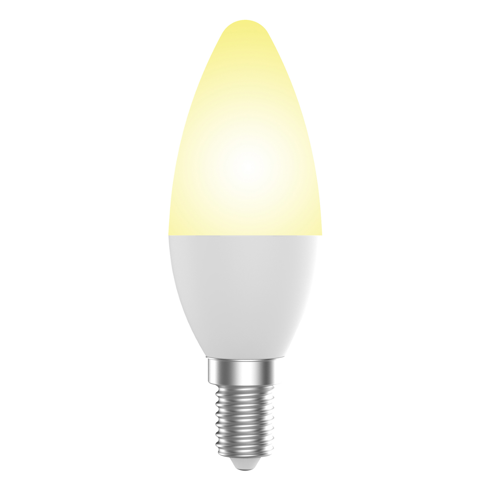 Anslut Chandelier LED-lampa 2-pack innehåller frostade, flamformade lampor med gult sken och silverfärgade skruvsocklar.