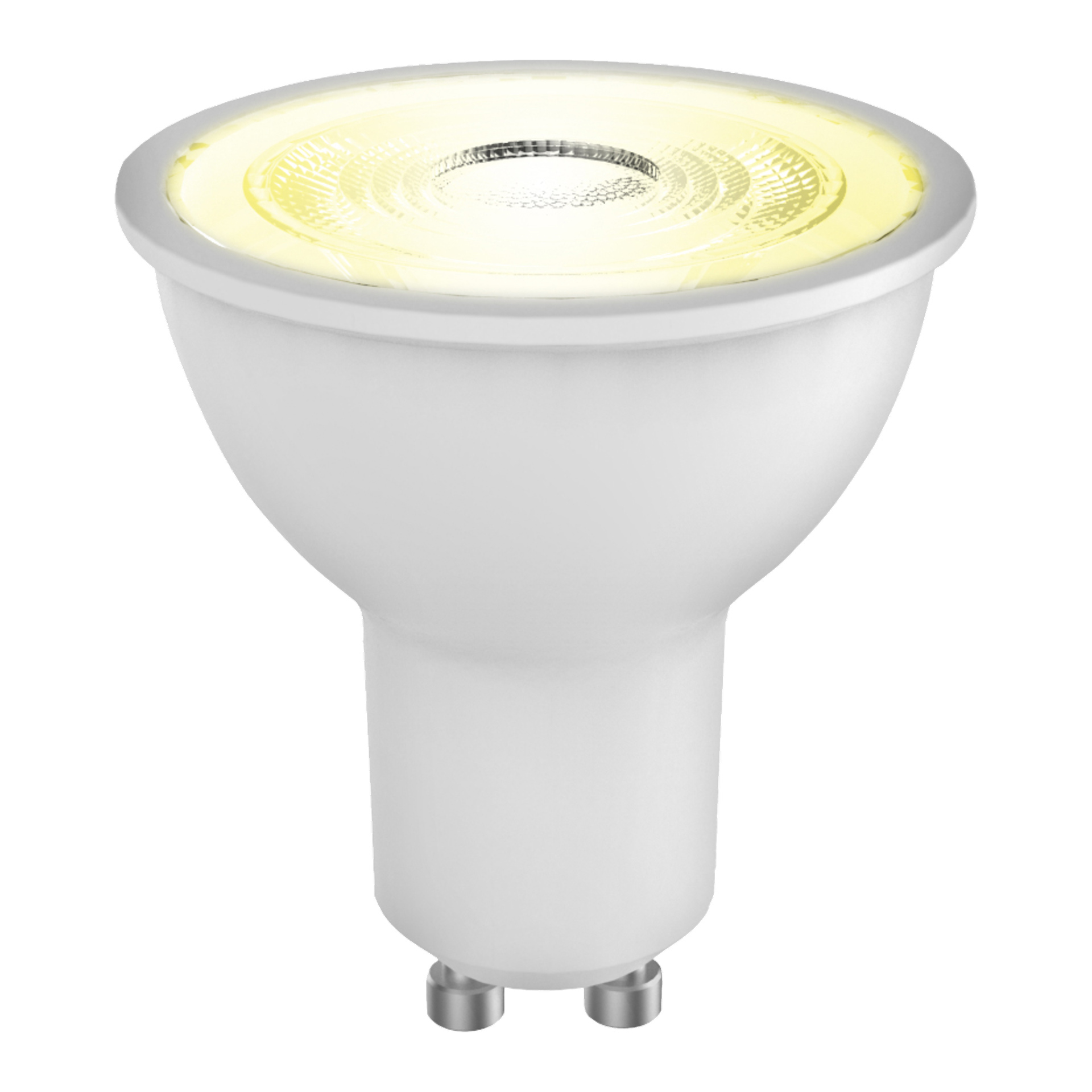 Anslut Reflector bulb LED 2-pack med vita GU10-basstrålkastare, visade tända och glödande varmt gult.
