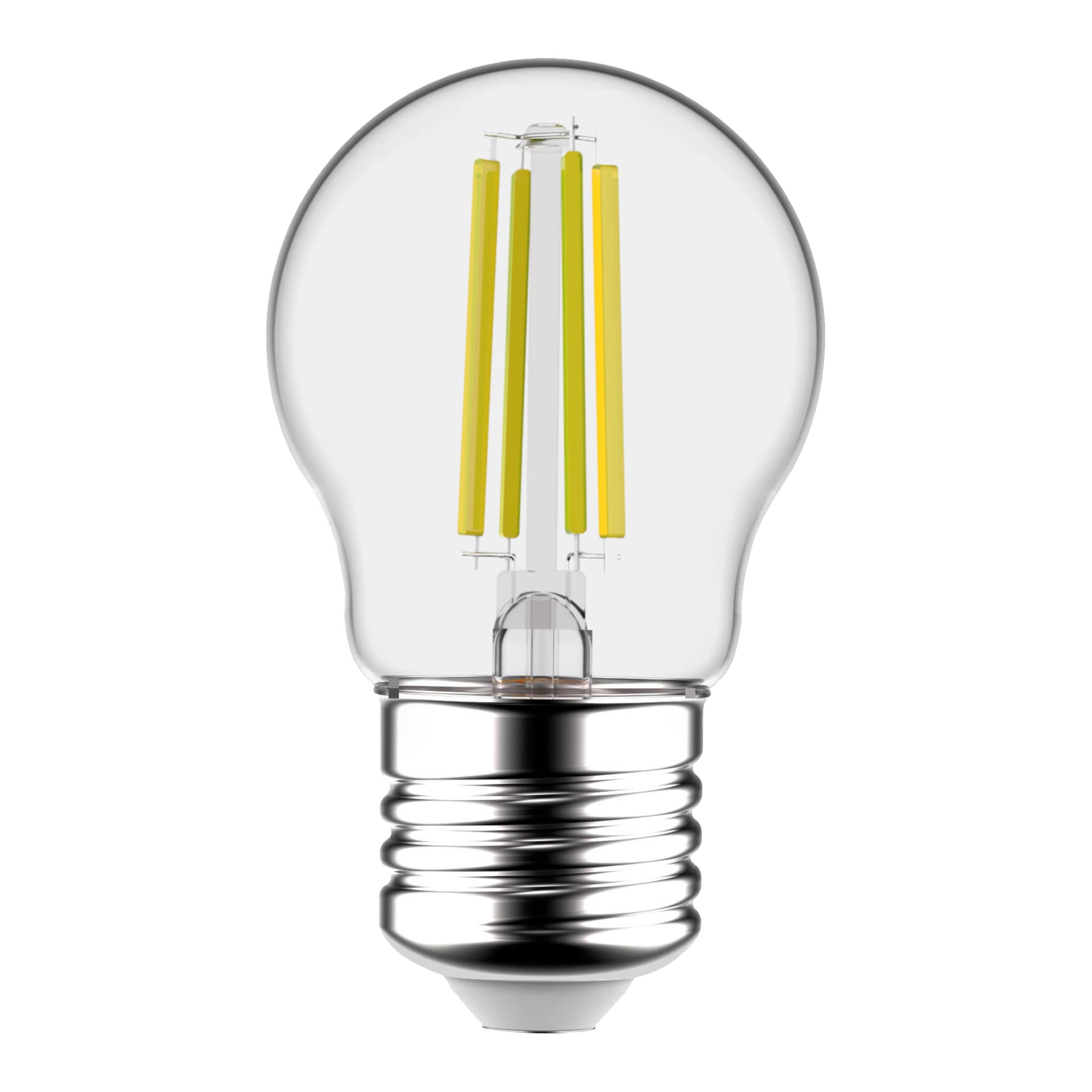 Ansluts dimmbara glob LED-lampa har exponerade gula glödtrådar och en metallisk skruvbas.