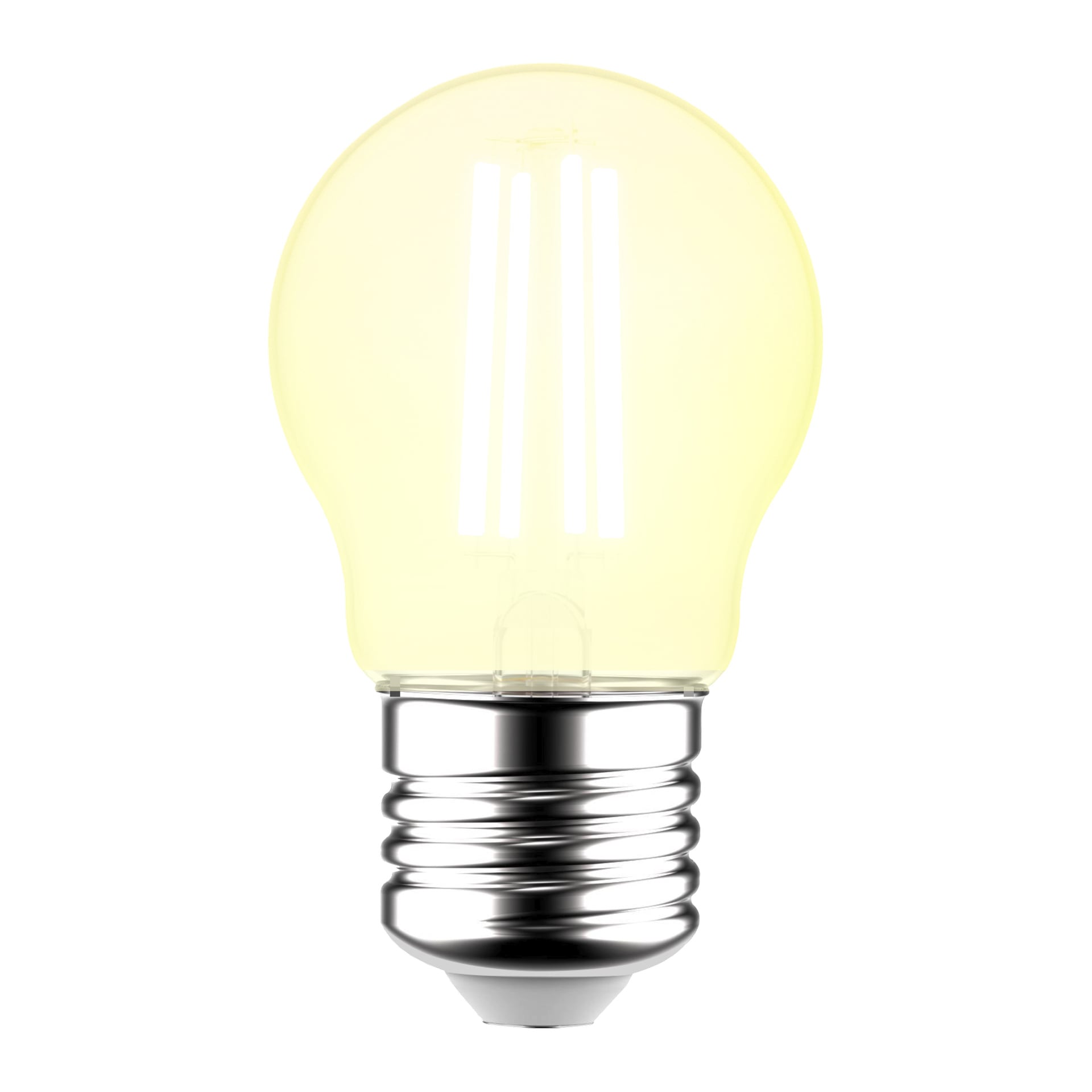 En dimmbar globformad LED-lampa från Anslut med strömlinjeformat utseende och metallisk skruvbas.