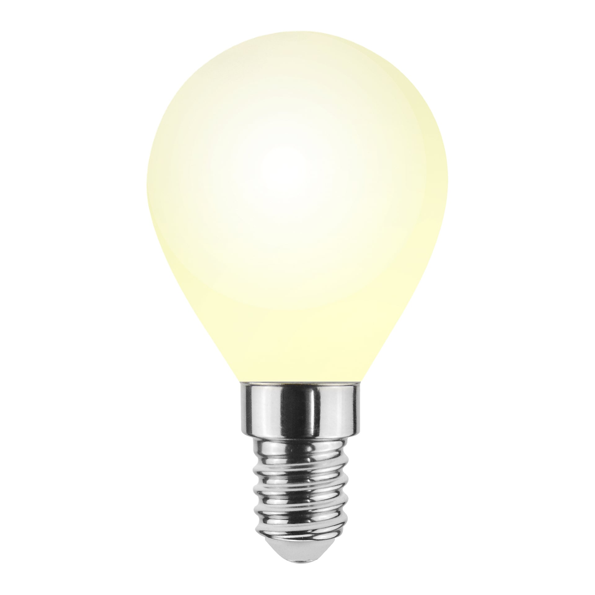 Anslut dimbar glob LED-lampa har ett runt frostat glaslock och metallisk skruvbas, avbildad upplyst och ensam.