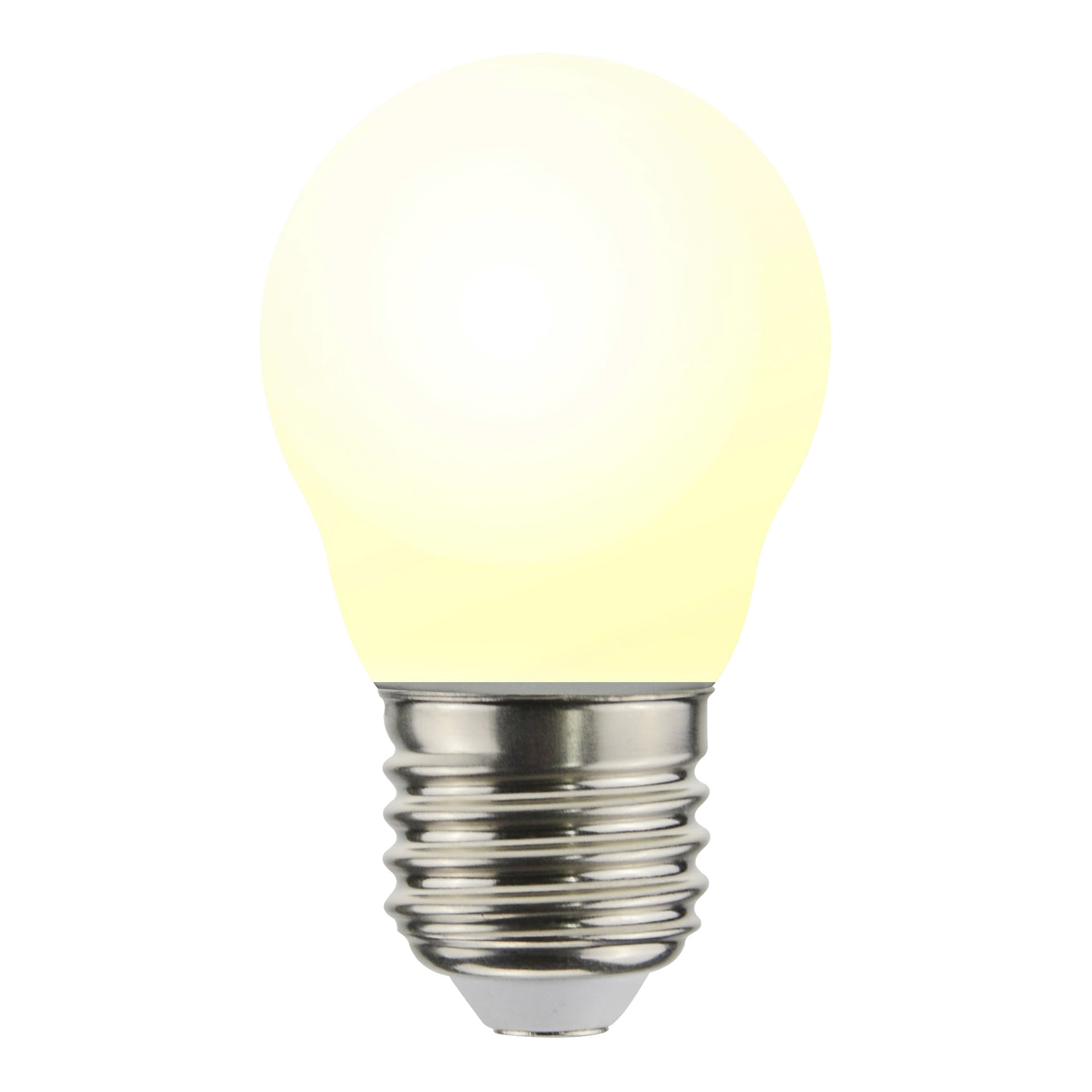 En lysande Anslut dimmbar glob LED-lampa med vit-gult tonat glas och en glänsande silverskruvbas.