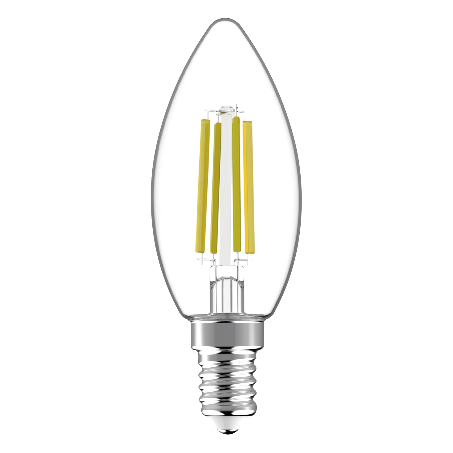 Anslut dimbar ljuskrona LED-lampa med ett klart ljusformat glas, silverfärgad skruvbas och fyra vertikala gula glödtrådar.
