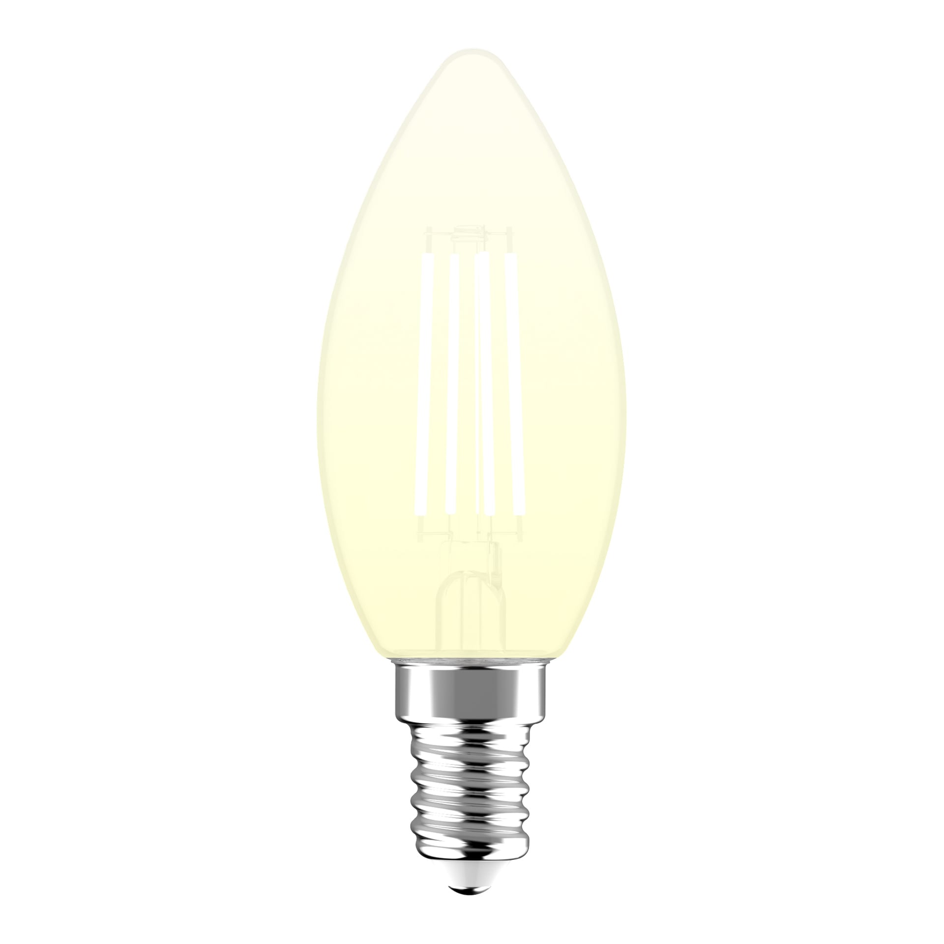 Närbild av Anslut Dimmable ljuskrona LED-lampa med ett ljusformat klart glas och metallbas, som avger varmt gult ljus.