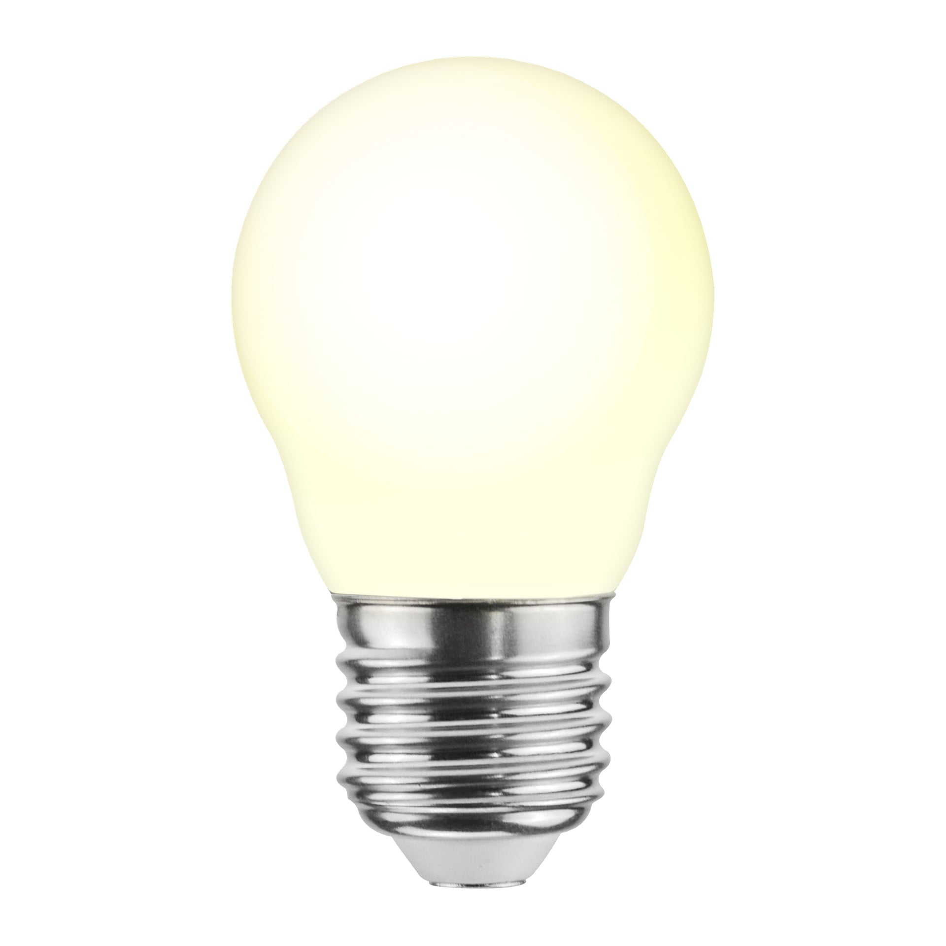 Anslut Globe LED-lampan har ett lysande vitt glaslock och en metallisk skruvbas.