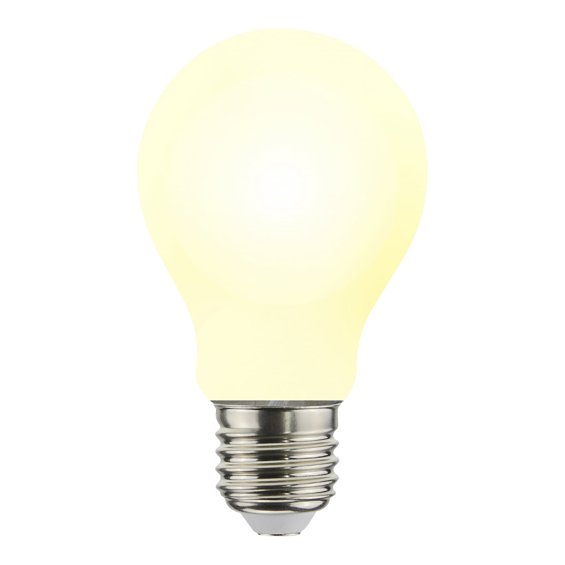 En lysande Anslut dimmbar LED-lampa med metallskruv och varmt gulvitt glas.