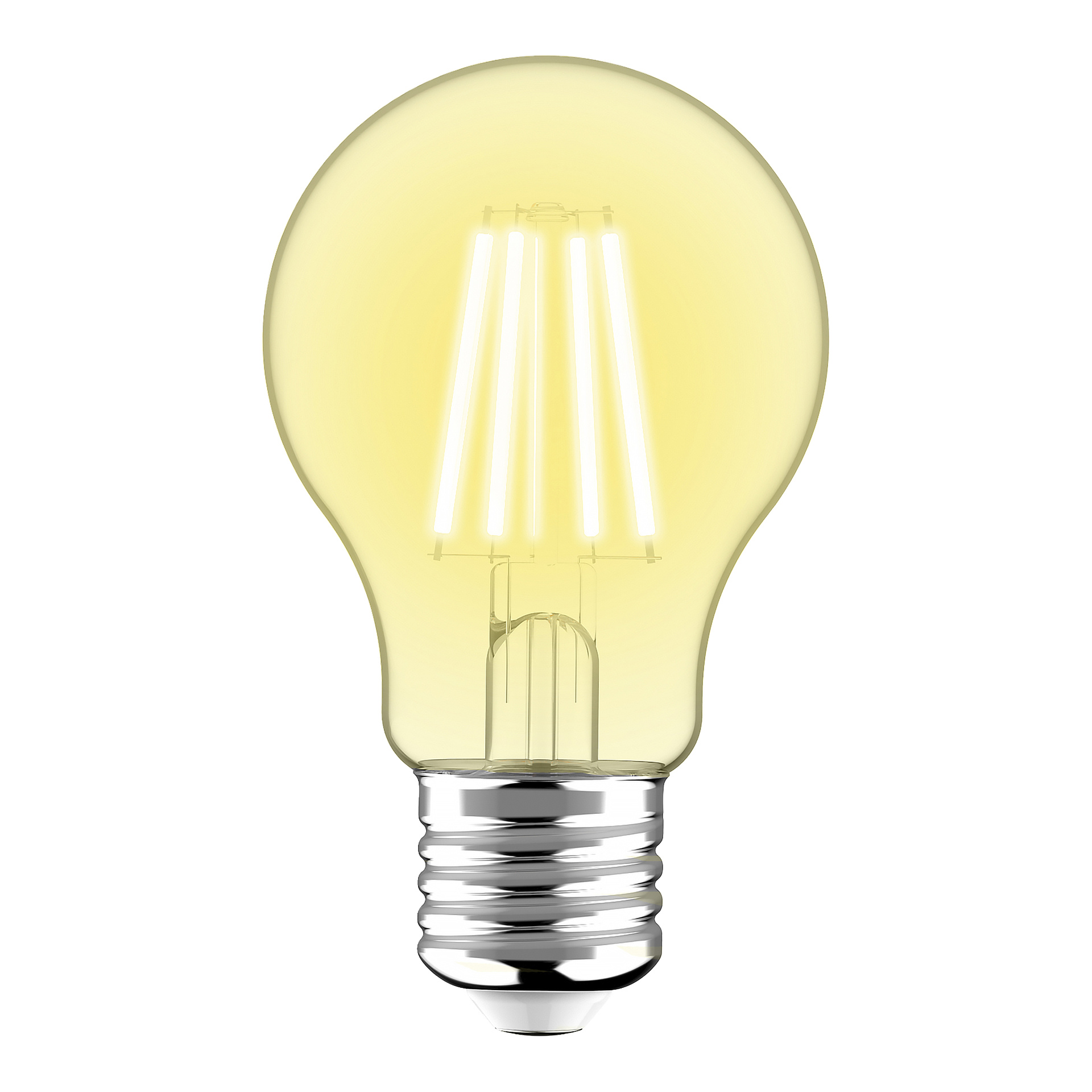 Anslut Normal LED-lampa med skymningssensor har en klar kropp, synliga glödtrådar och metallbas, som lyser varmt när den är upplyst.
