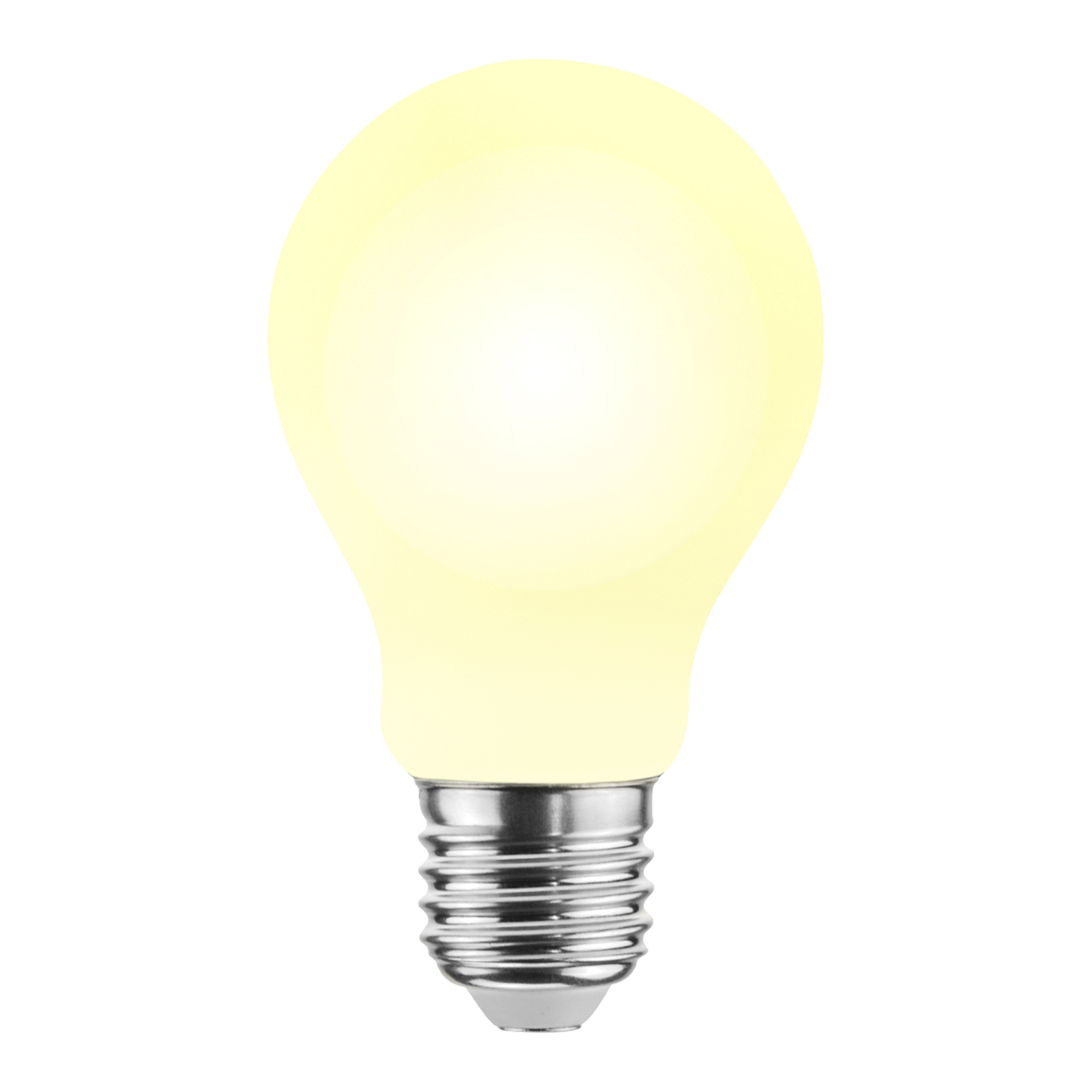 En lysande Anslut dimmbar LED-lampa med gulvitt glas och en metallisk skruvbas.
