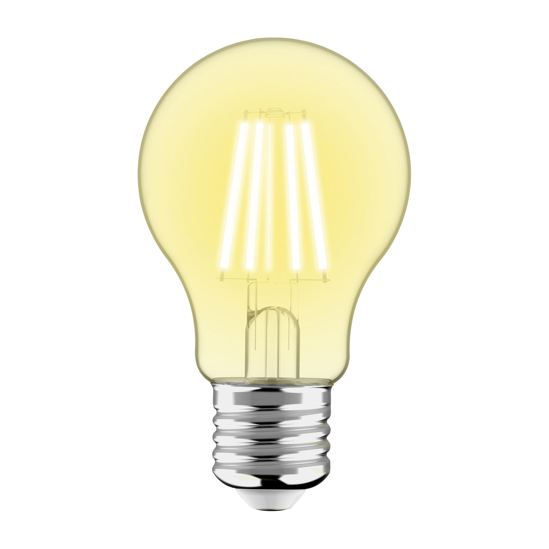 Anslut Normal LED-lampa med skymningssensor har en synlig glödtråd och en silverfärgad skruvbas, som visas upplyst.