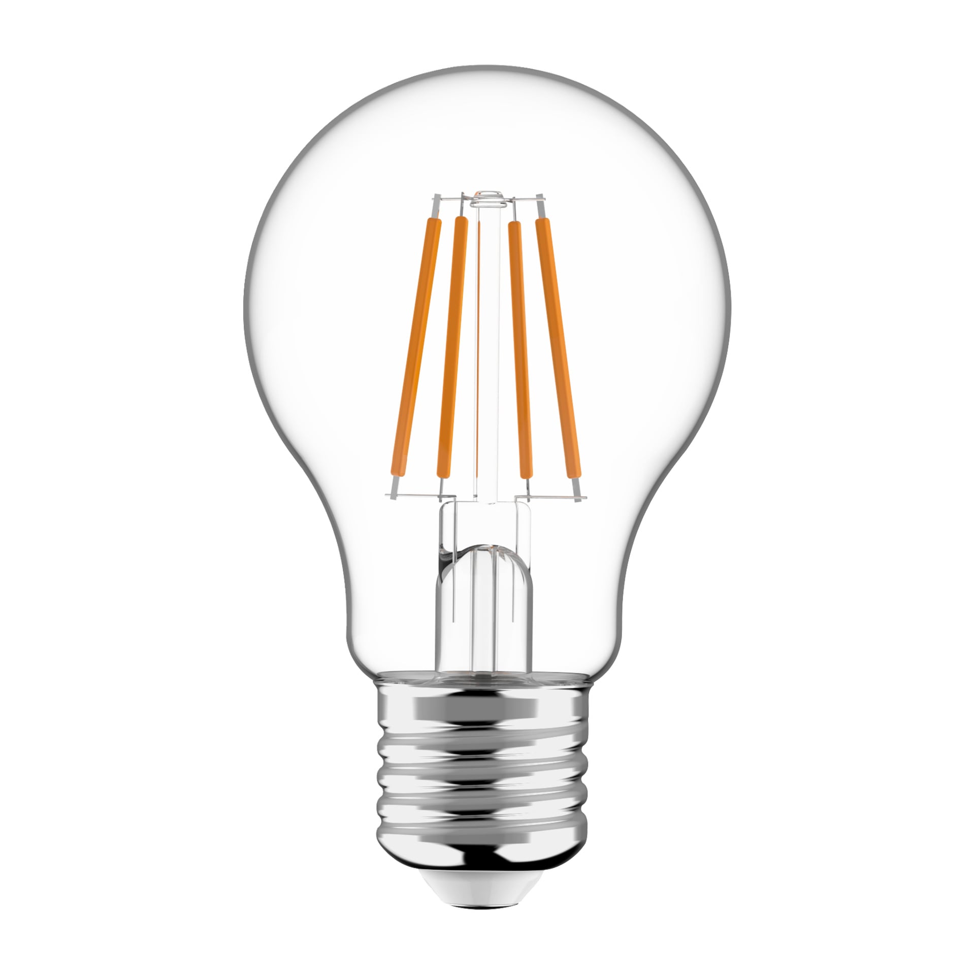 Ansluts Normal LED-lampa med skymningssensor står upprätt och visar klart glas, orange glödtrådar och en E27-skruvbas.