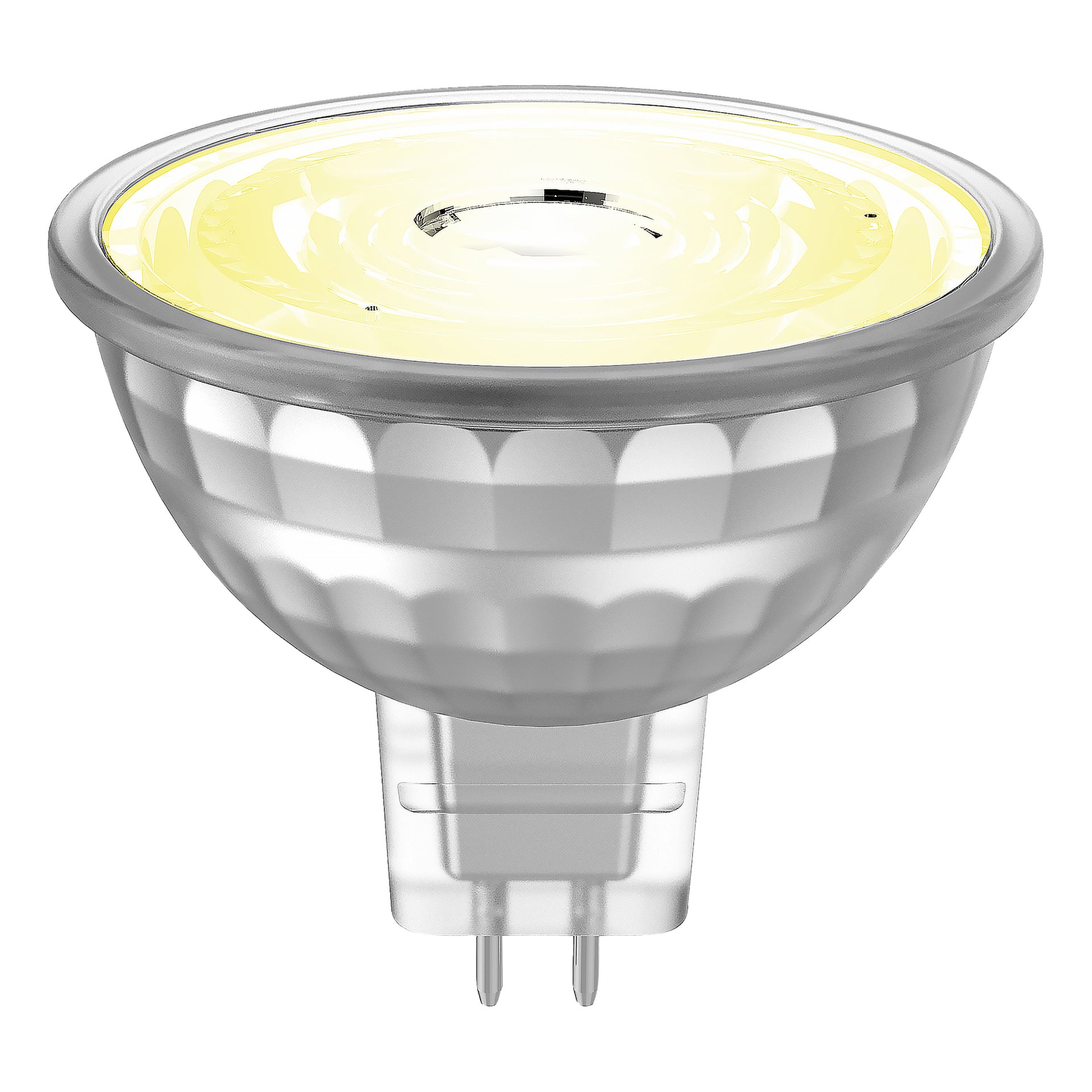 Anslut dimmbar LED-reflektorlampa med silverreflekterande kropp, gultonad lins och två metallstift vid basen.
