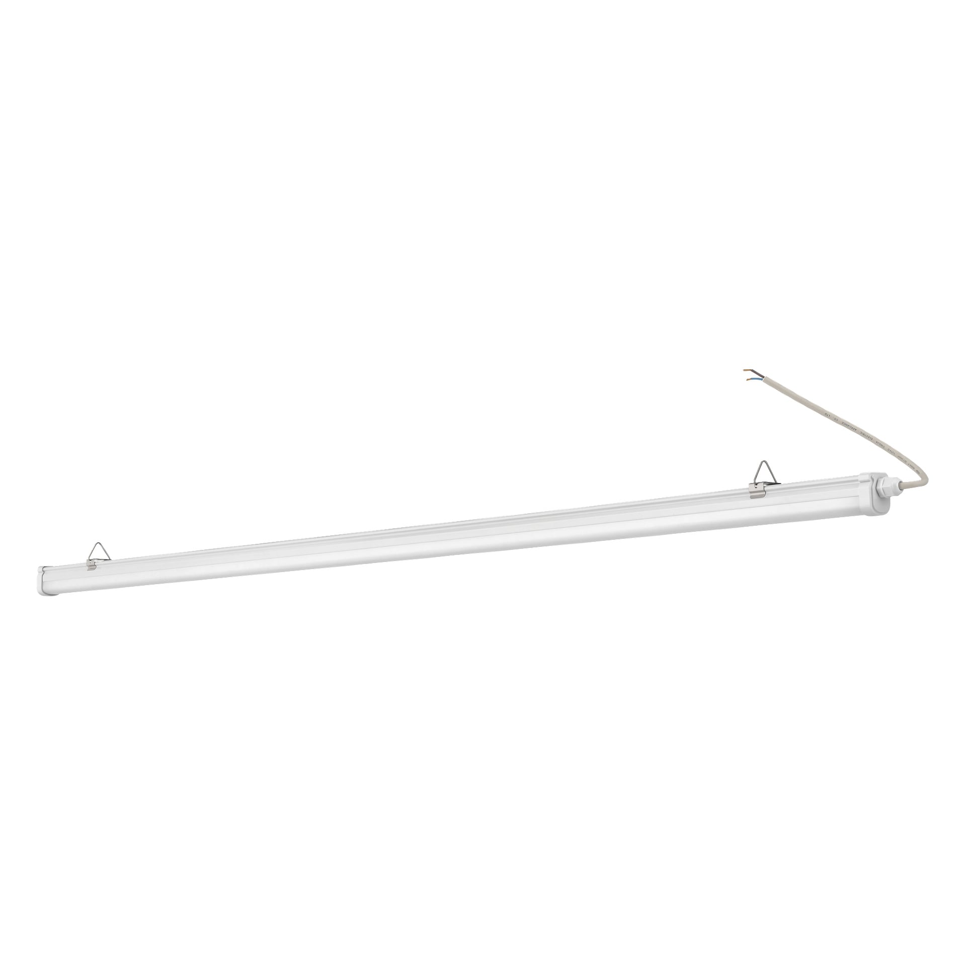 Philips LED-armatur ProjectLine Waterproof är en vit rörarmatur med metallklämmor och en exponerad tråd i ena änden.