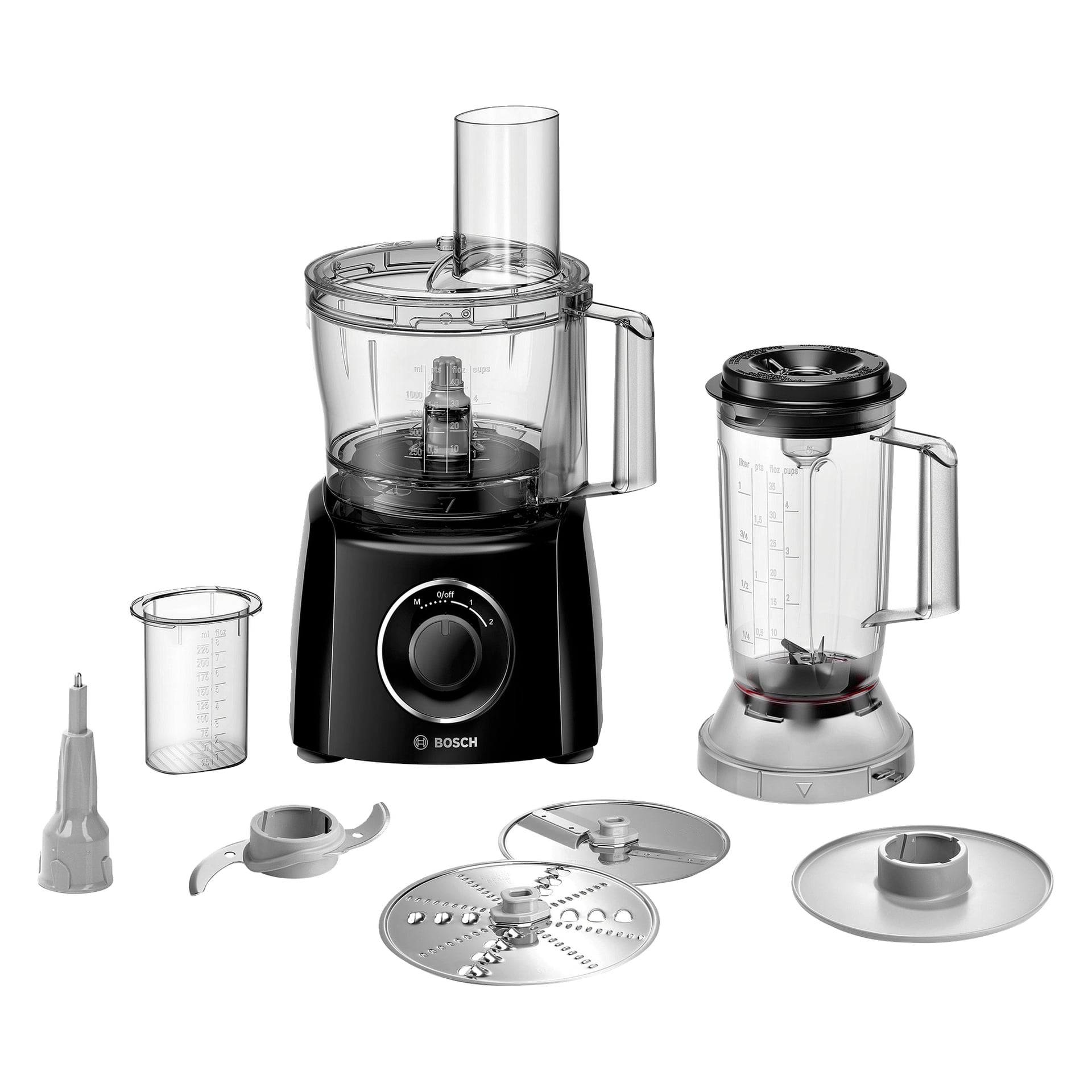 Bosch MultiTalent 3 MCM3201B matprosessor i svart og sølv med blenderkrukke, målebeger, blader, plater og plastverktøy.