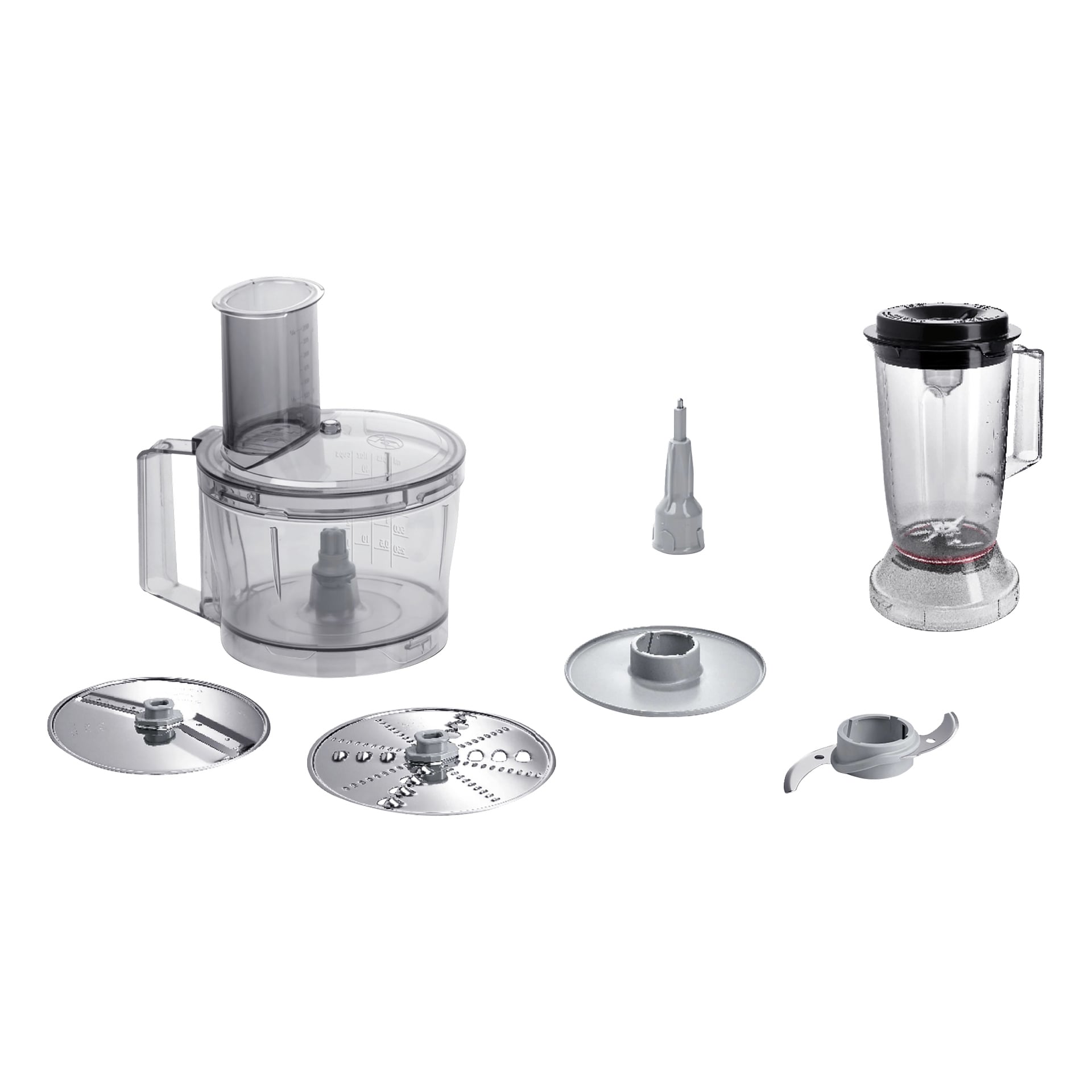 Bosch MultiTalent 3 MCM3201B matprosessor med gjennomsiktig bolle, lokk, blenderkrukke, skiver for skjæring/riving, blad og adapter.