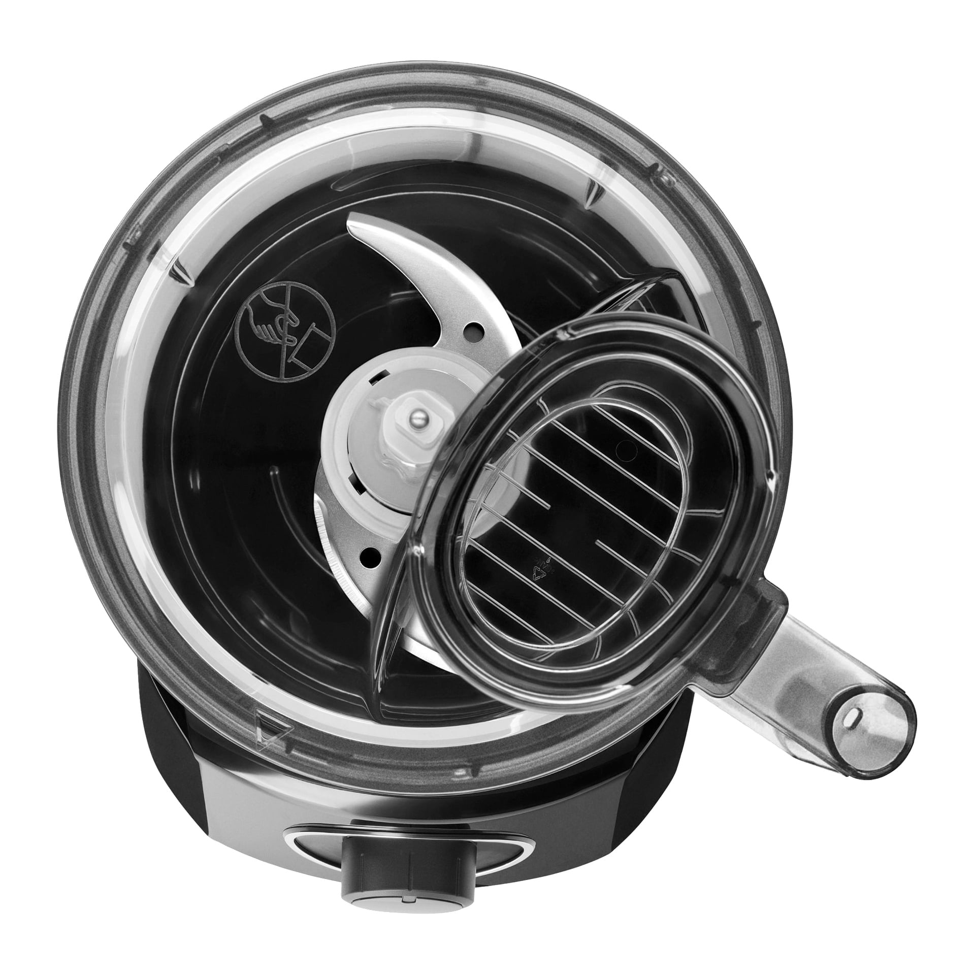 Bosch MultiTalent 3 matprosessor sett ovenfra, lokket åpent for å vise metallblader i en klar bolle og matesjakt på lokket.