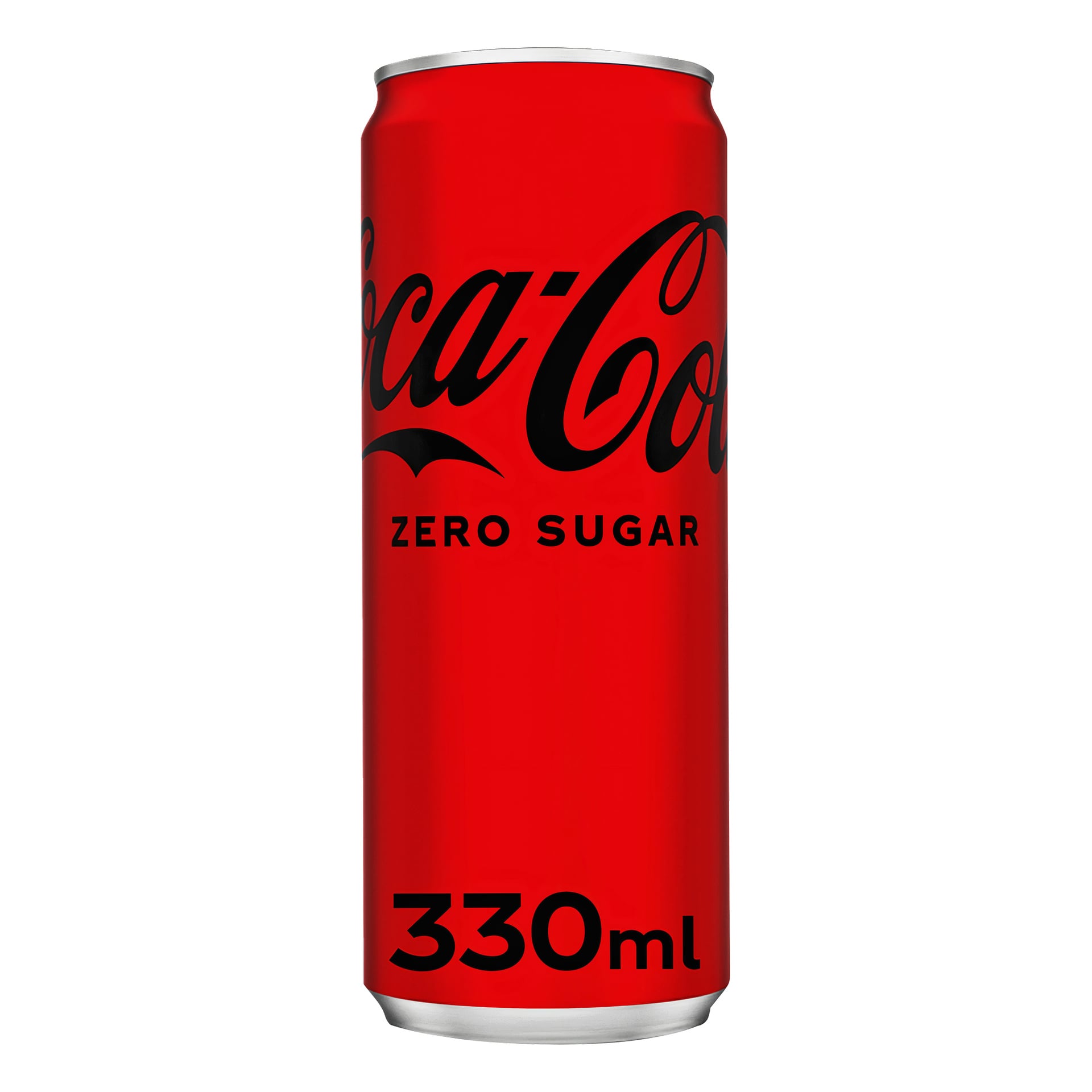 En 330 ml röd burk Coca-Cola Zero Sugar med svart text och logotypen. Den upprättstående burken visar produktnamn och storlek tydligt.