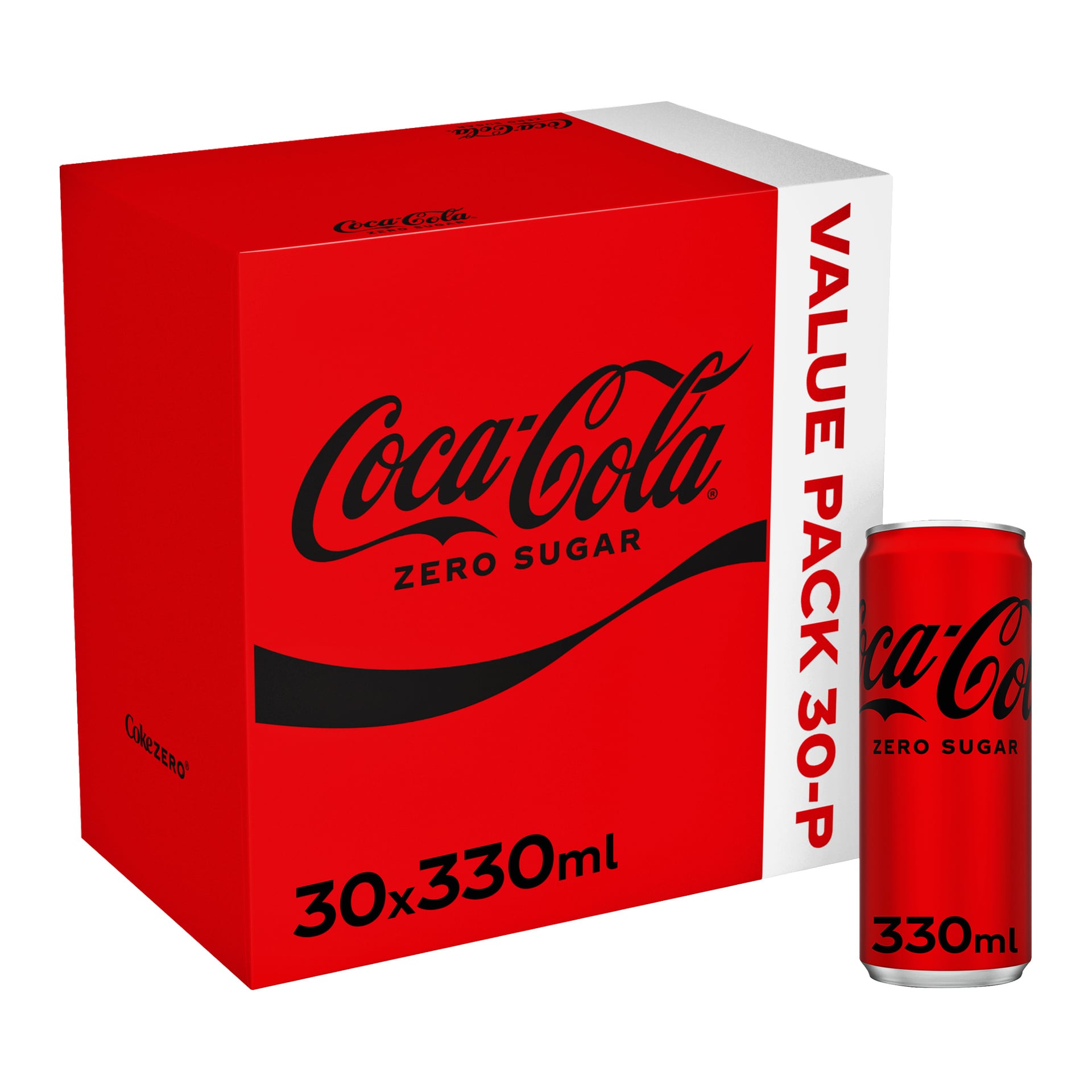 Ett 30-pack Coca-Cola Zero Sugar med en enda burk bredvid. Lådan är livligt röd med ett djärvt svart och vitt varumärke.