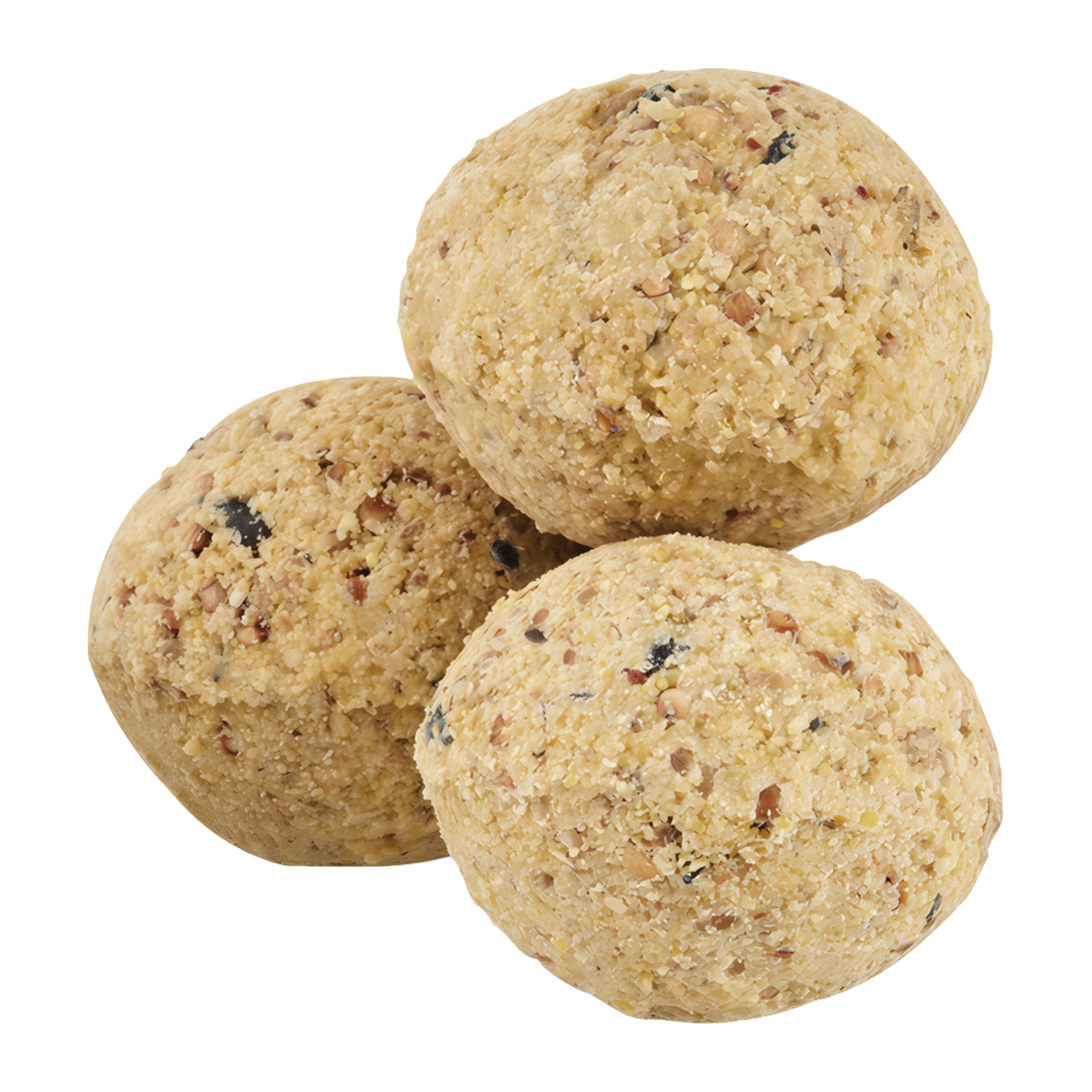 Hard Head Suet Balls 3-packet innehåller tre runda fettbollar med synliga frön och sädesmål, utställda tillsammans.