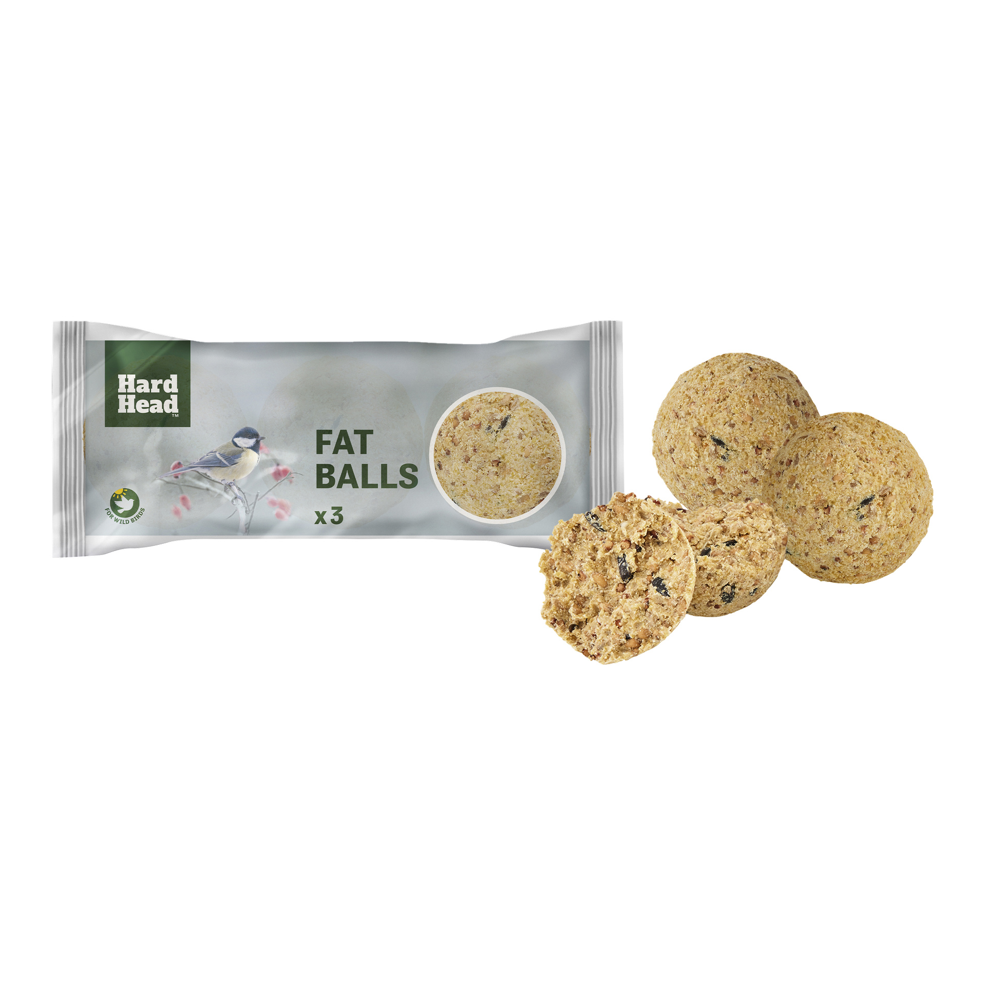 En Hard Head Suet Balls 3 Pack visar tre talgbollar och en fågel på etiketten, med tre talgbollar utanför, varav en är uppskuren.