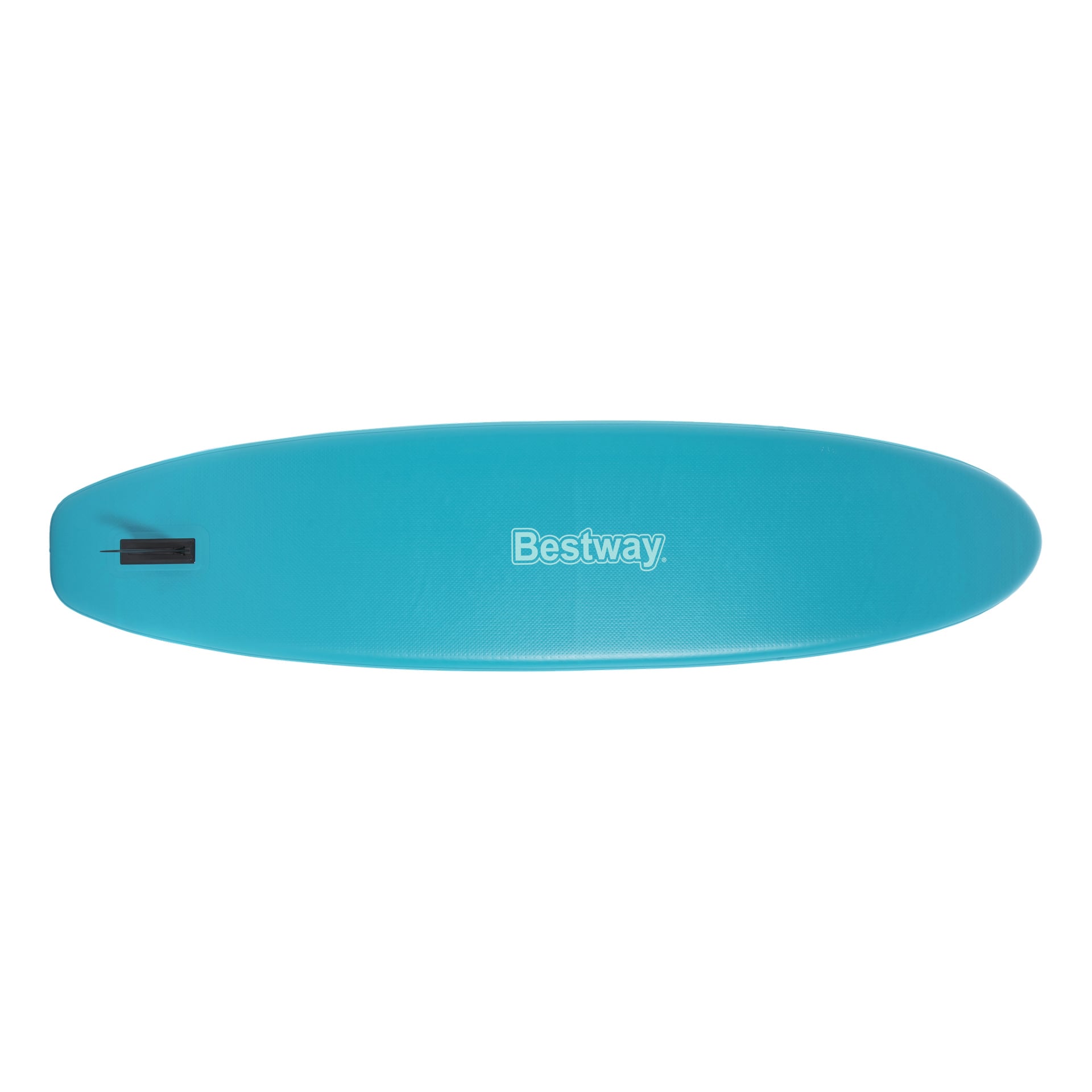 Nadmuchiwany SUP Waterscape firmy Bestway przedstawia niebieską powierzchnię, białe logo na środku oraz czarną płetwę po lewej stronie, widzianą z góry.