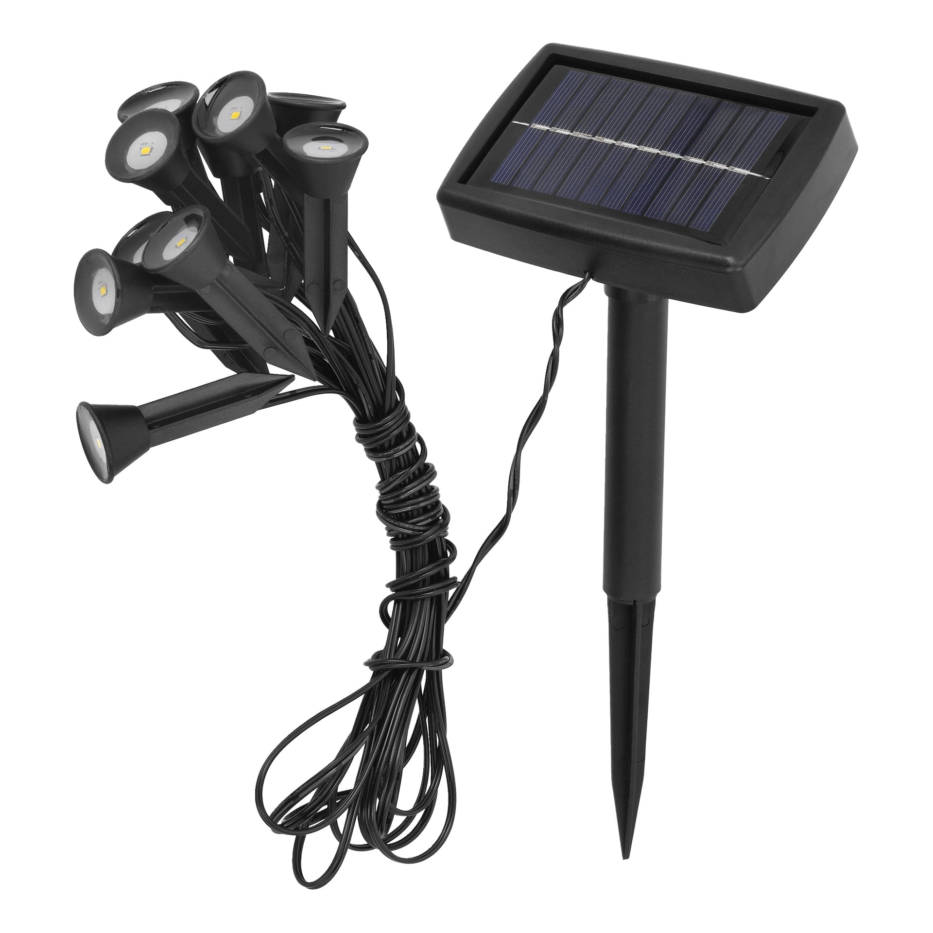 Anslut Solar-drivna ljusslingor med 10 runda LED-lampor på en tråd, kopplade till en svart solpanel och jordpåle för utomhusbruk.