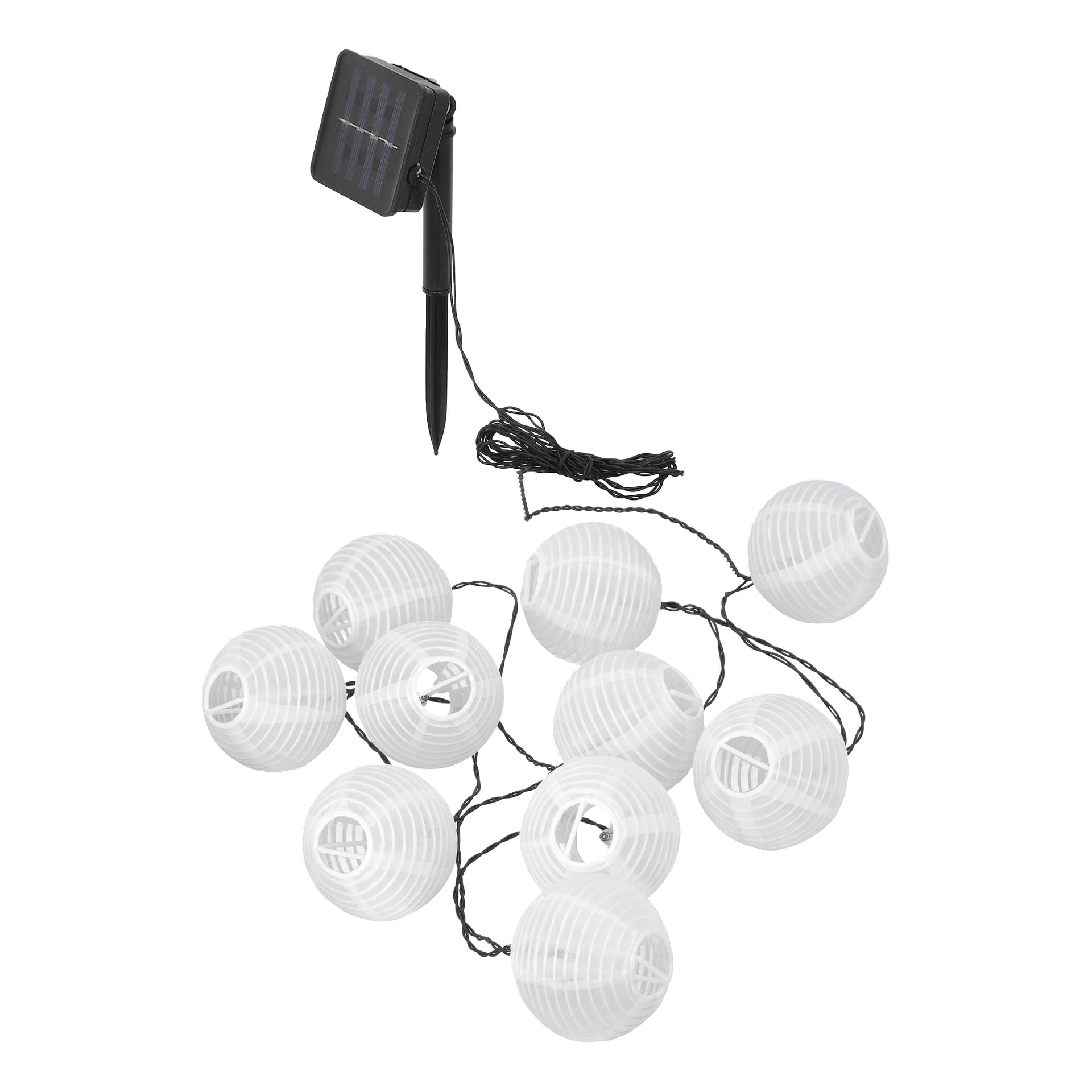 Vita lyktformade lampor på en svart ledning, drivna av en solpanel med en påle, designade för utomhusbruk.