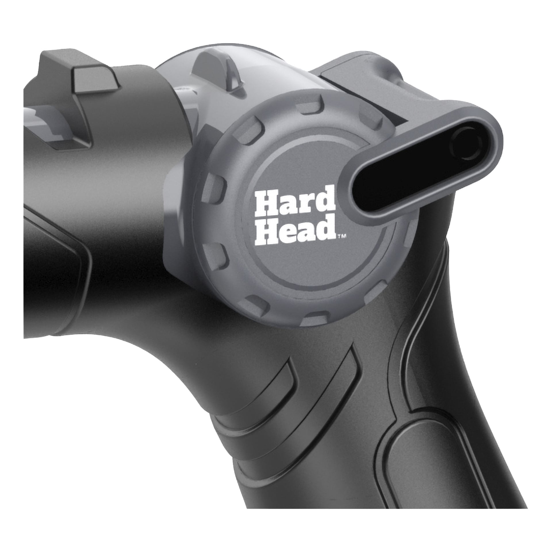 Närbild på en svart och grå Hard Head Water jetpistol, med en räfflad roterande tavla och en rektangulär spalt ovanför etiketten.