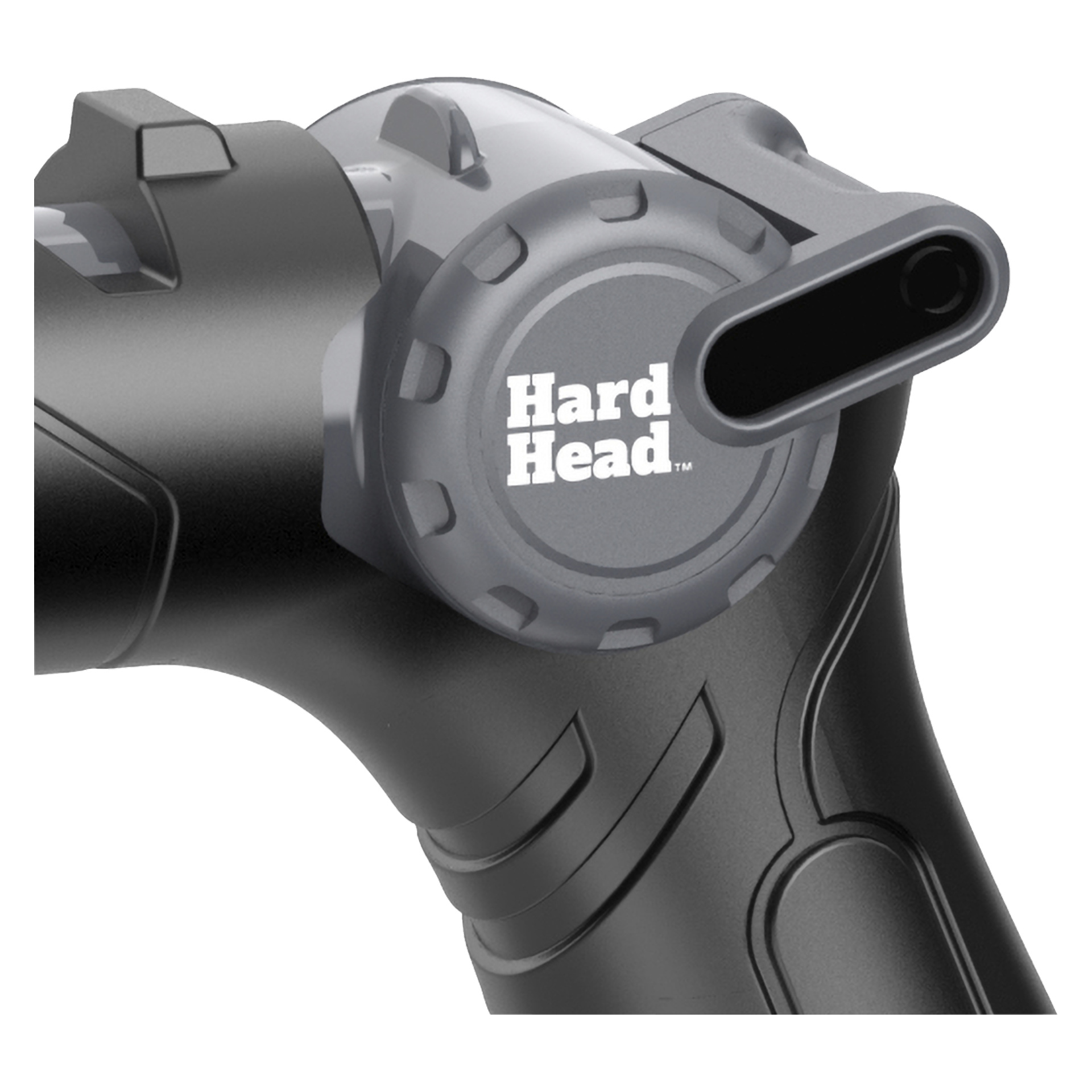 Svart och grå Hard Head sprinklermunstycke, närbild visar rund märkesmärkt urtavla och tillhörande rektangulär pip.