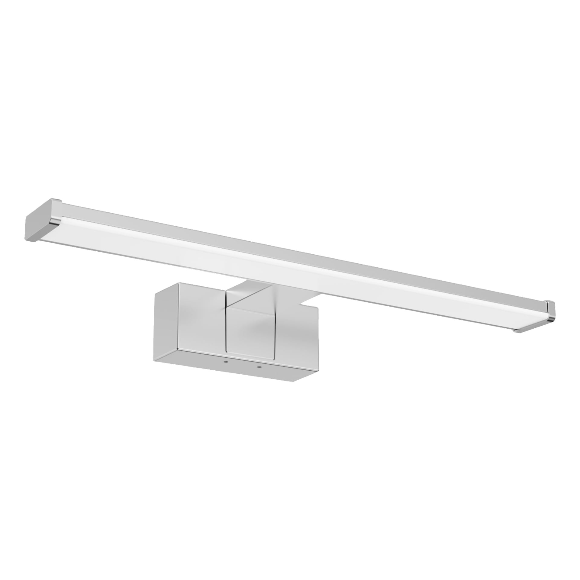 EKVIP LED kylpyhuonevalo, jossa on tyylikäs, moderni suorakaiteen muotoinen, metallinhohtoinen viimeistely ja minimalistinen neliönmuotoinen pohja.