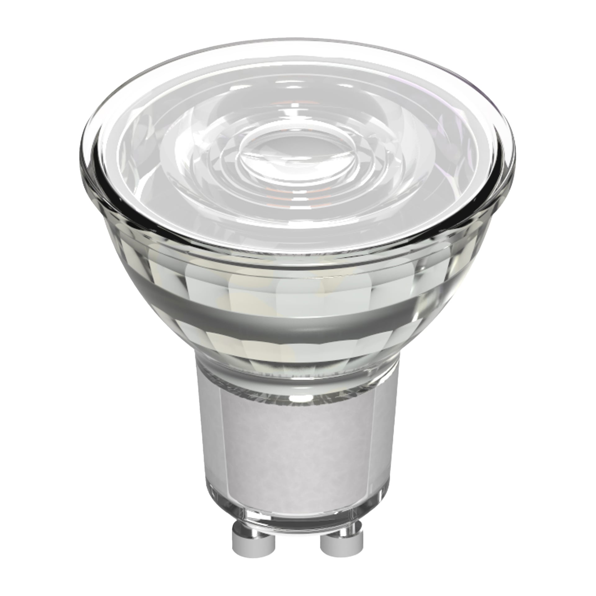 Anslut LED-reflektorlampa med GU10-bas, klar glaskropp, vinklad vy som visar reflekterande interiör och metallstift under.