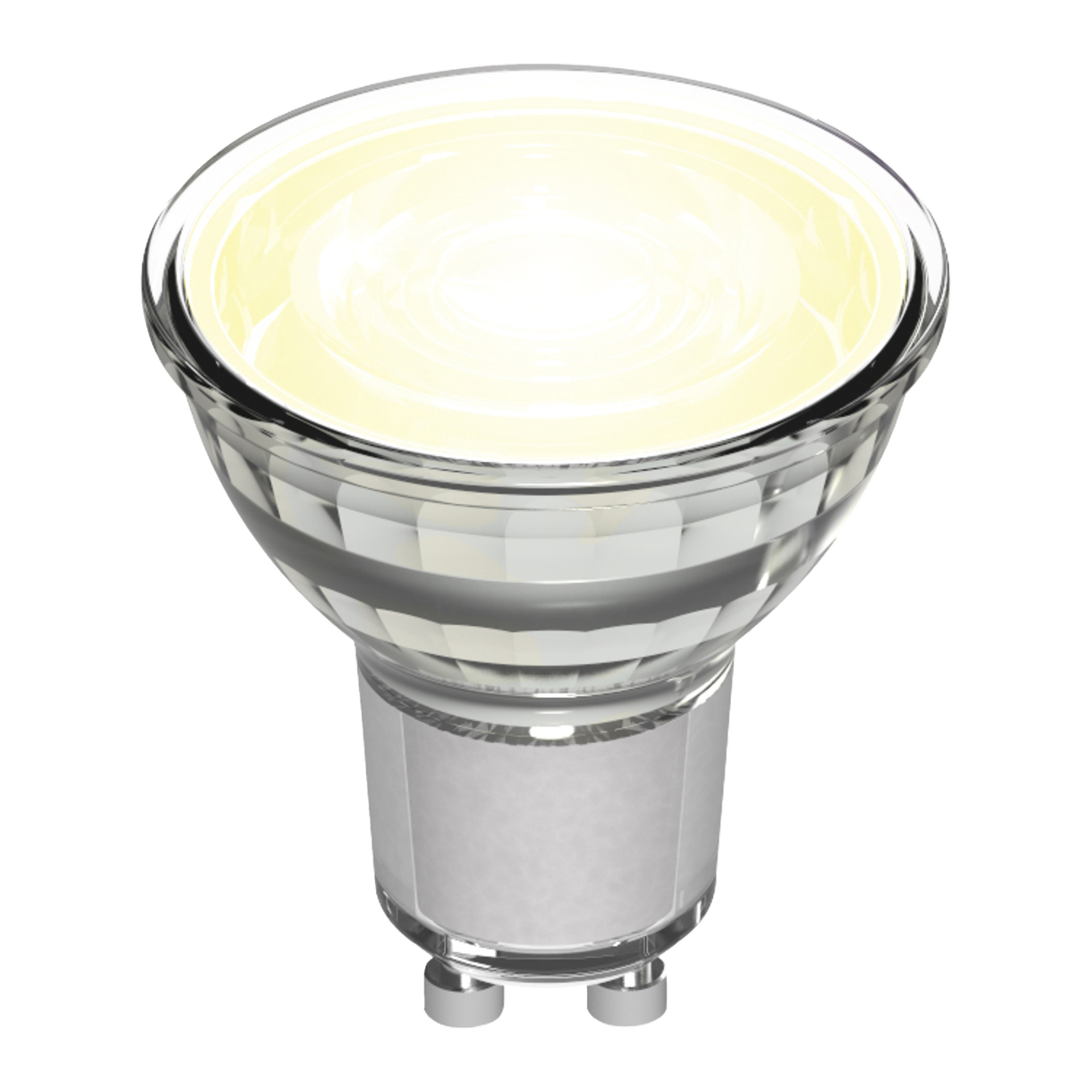 Tänd Anslut reflektorlampa LED GU10, klart glas, två metallstift vid basen, glänsande med mjukt vitt ljus.
