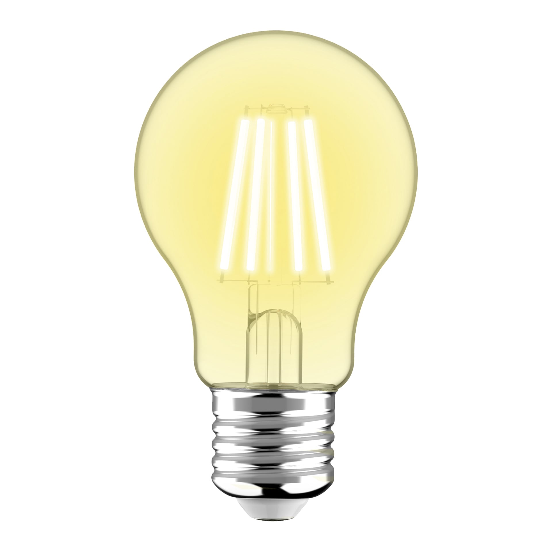 Anslut Dimmable LED-lampa har en glödande glödtråd, transparent glaskropp och en silverfärgad skruvsockel.