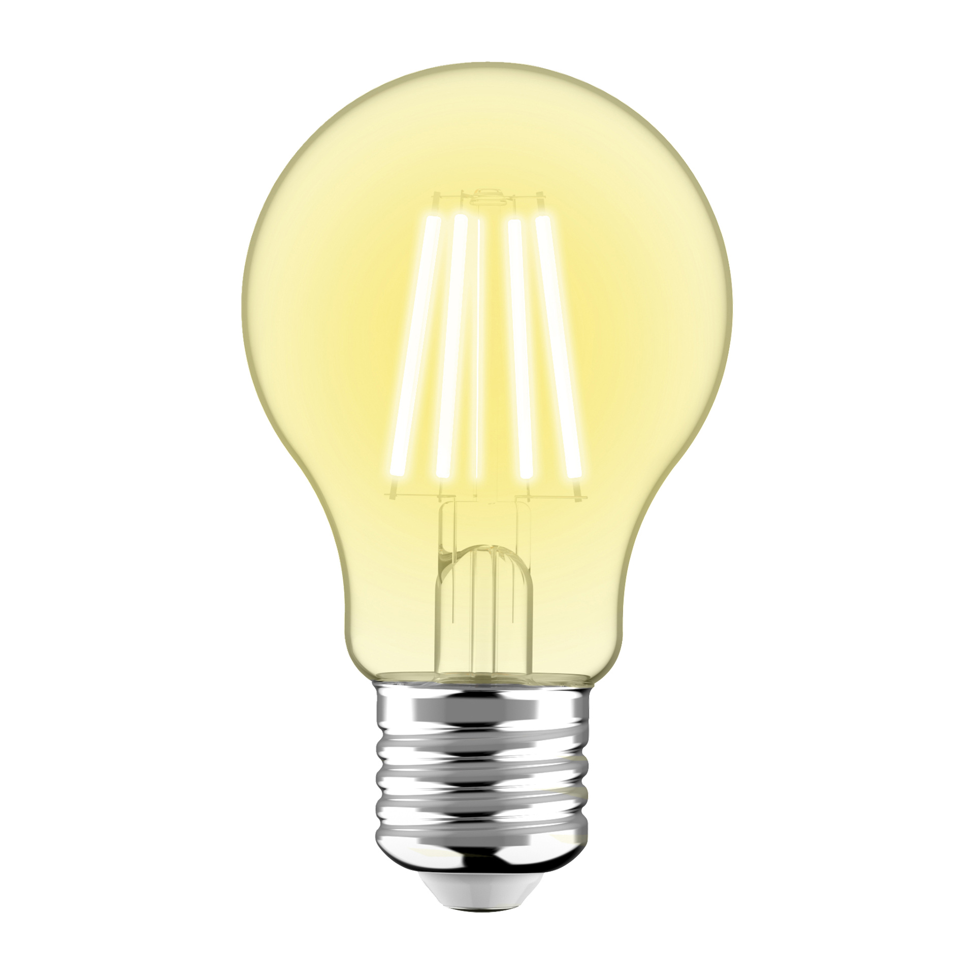 Anslut dimbar LED-lampa har gultonat glas, en silverfärgad skruvbas och lysande synliga glödtrådar.