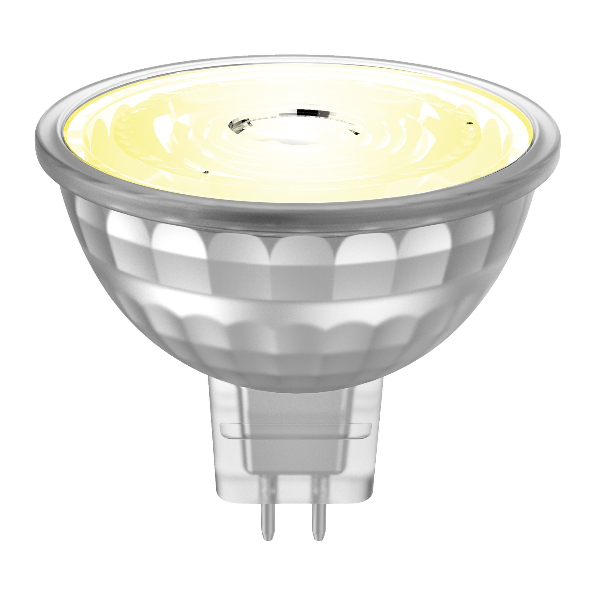 Närbild på Anslut Reflector LED-lampan med transparent räfflad kapsling och två metallstift vid basen för anslutning.