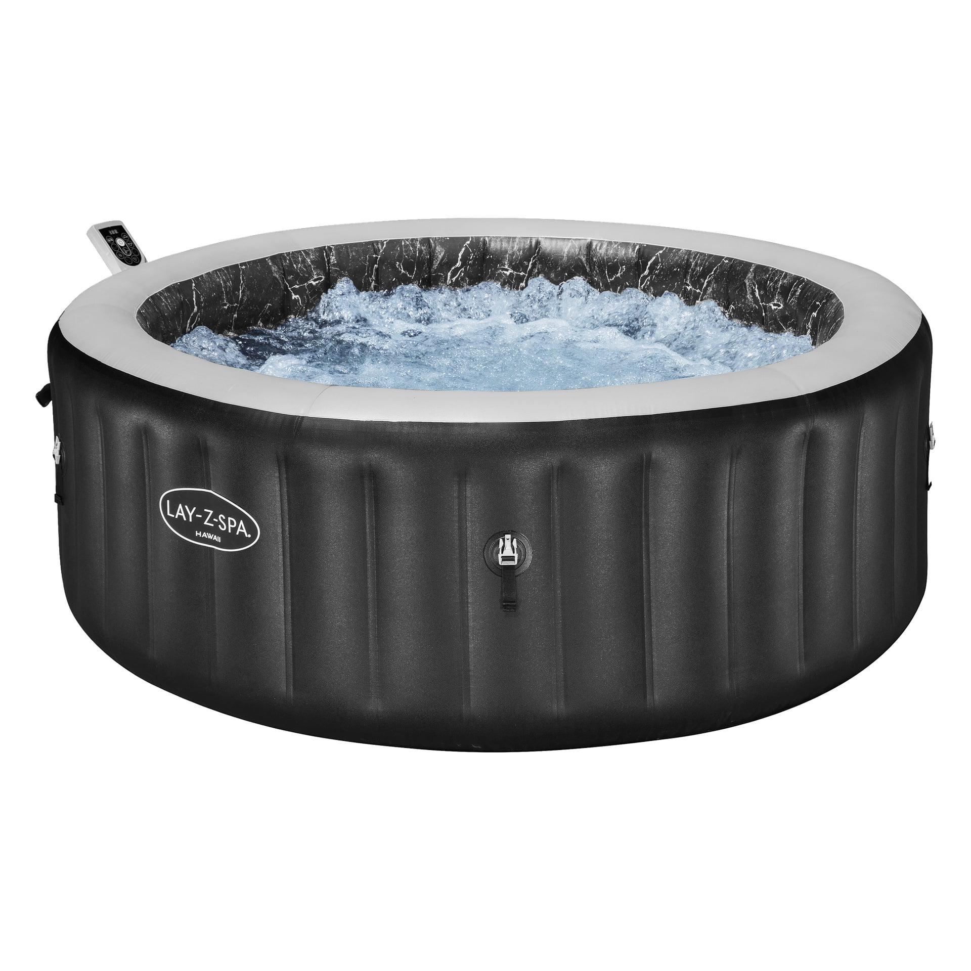 En sidovinklad vy av en uppblåsbar badtunna från Lay-Z-Spa i svart och grått, fylld med bubblande vatten.