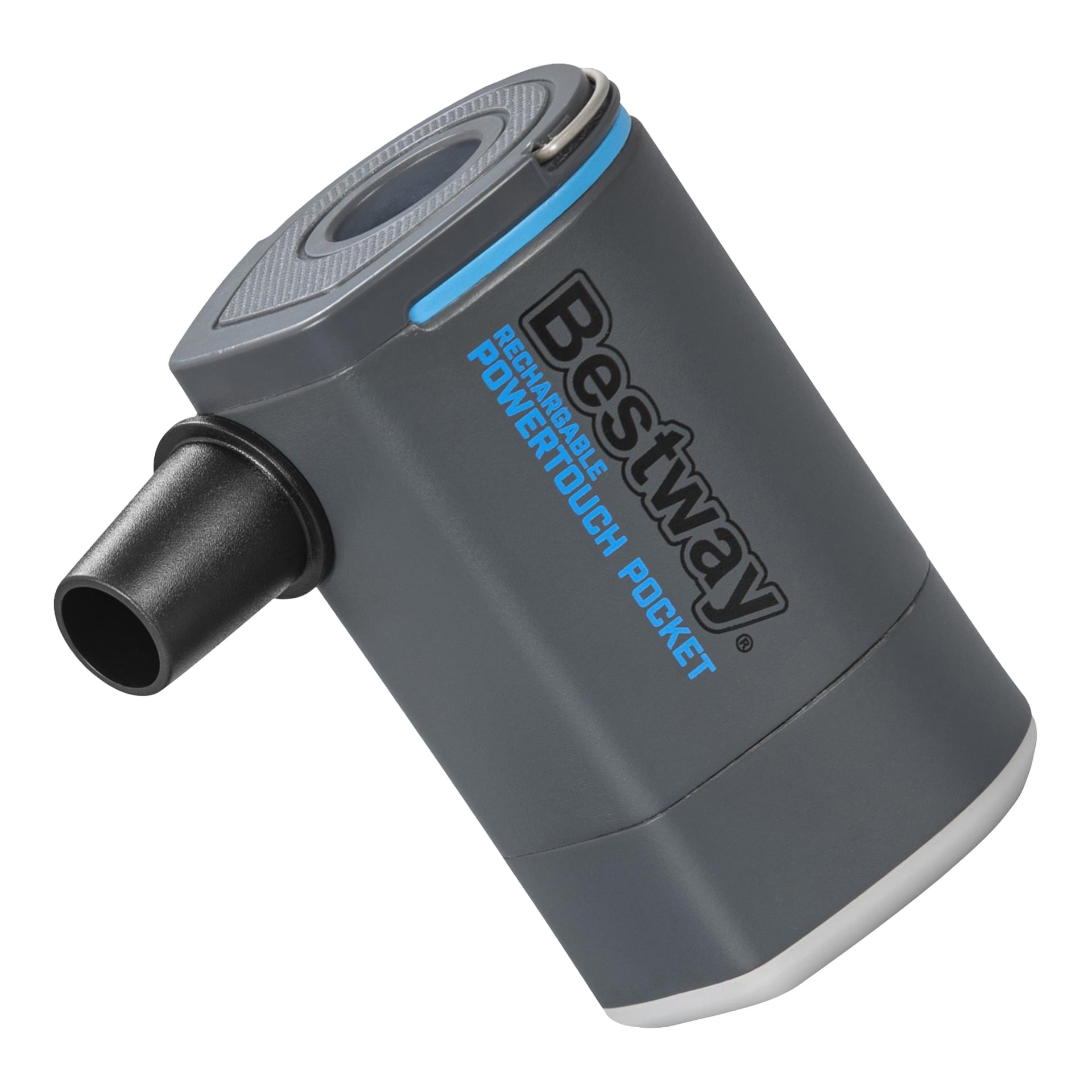 Den grå och svarta Bestway Rechargeable mini-kompressorn PowerTouch Pocket är vinklad, munstycket vänster, med märkeslogotypen synlig.