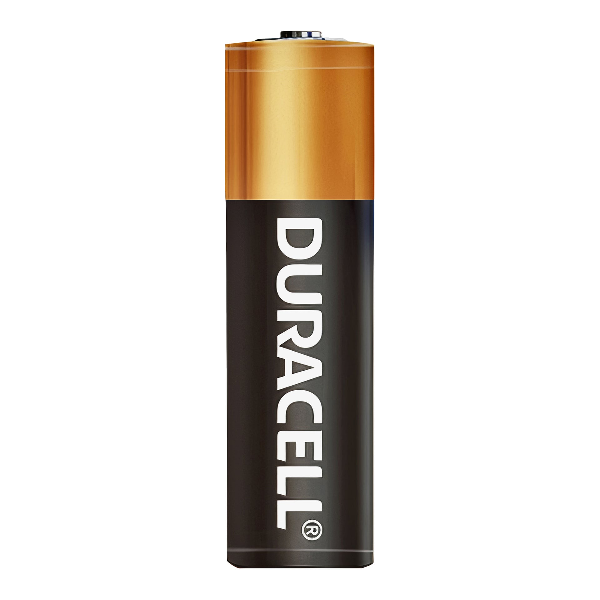 Ett enda upprättstående Duracell säkerhetsbatteri med guldfärgat topp och svart kropp, där "Duracell" stod vertikalt tryckt i feta vita bokstäver.