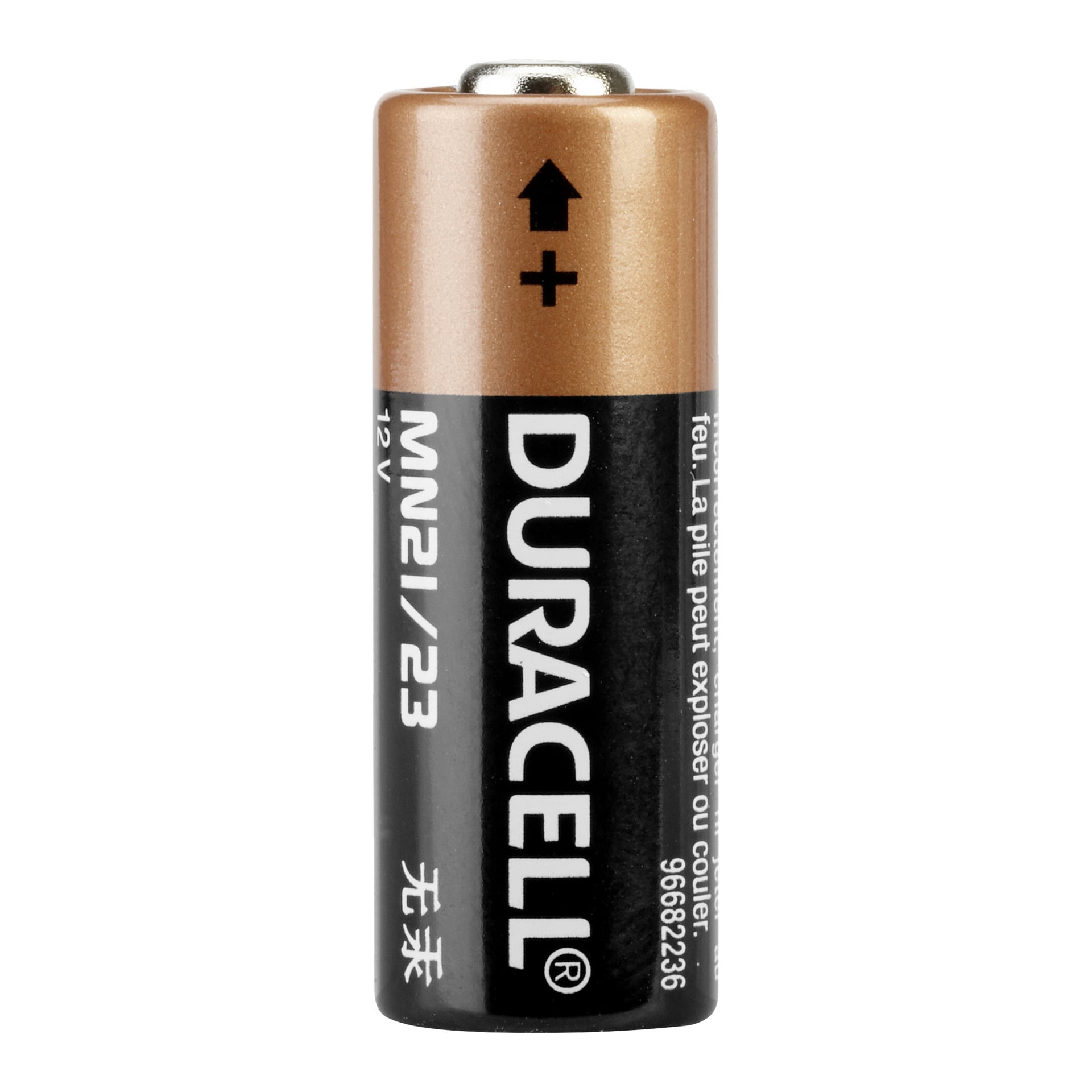 Närbild av ett Duracell Safety-batteri med kopparlock, svart kropp, vit text, märkesnamn synligt och positiv terminal upptill.