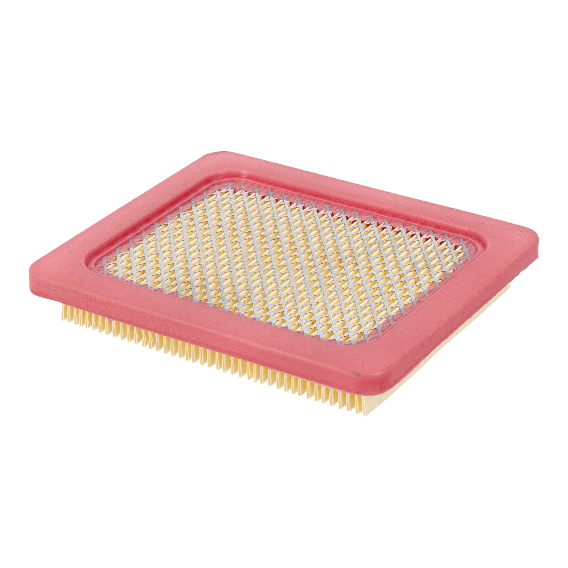 Ett gräsklipparluftfilter med en röd gummiram, beige nät i mitten och veckat filtermaterial synligt under.