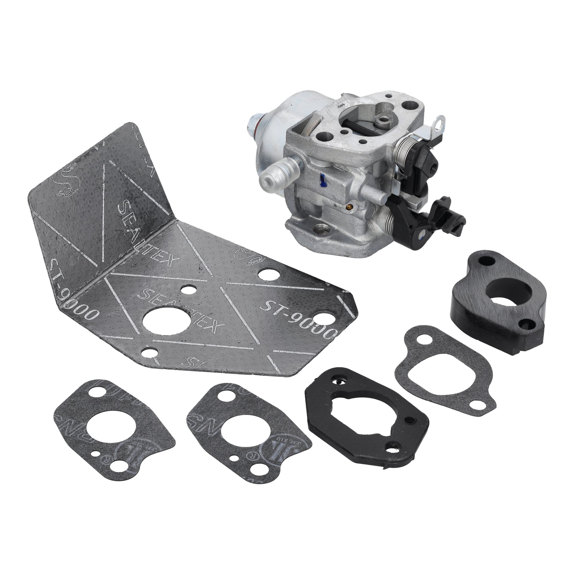 Gräsklipparförgasarkit med metallförgasare, värmeskydd, svart plastdel och fyra distinkt formade packningar.