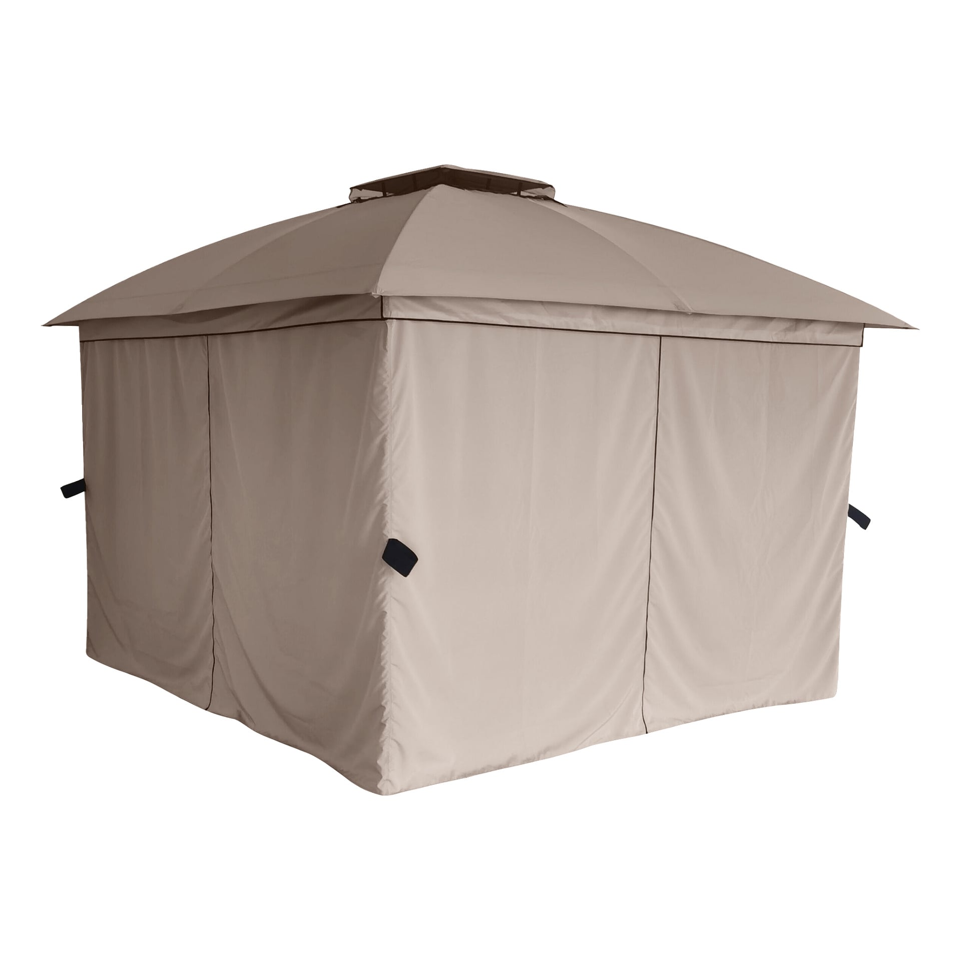 Beige paviljongtältset med fem tygpaneler, dubbelvåningstak och svarta handtag på varje sida för utomhusbruk.