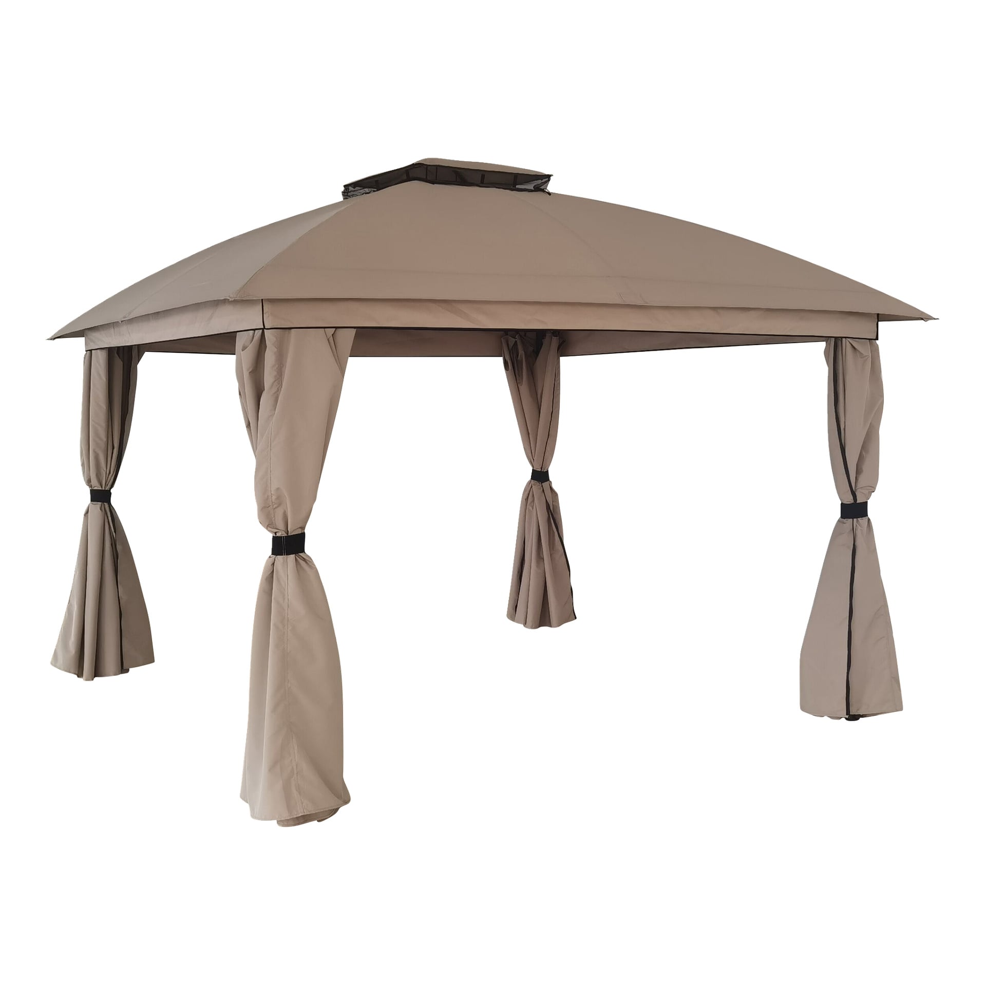 EKVIP paviljongtältset inkluderar beige paneler, ett spetsigt tak och fyra stolpar inlindade med matchande tyg knutna i mitten.