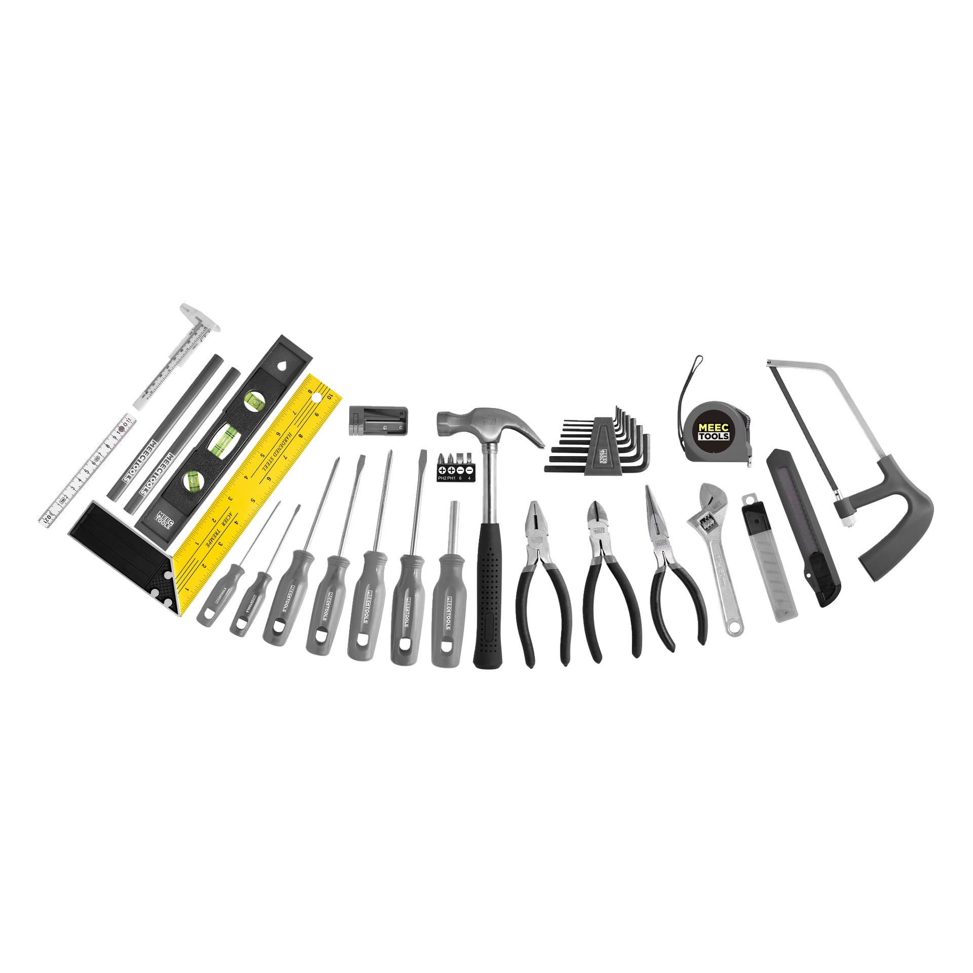 45-częściowy zestaw narzędzi Meec Tools zawiera śrubokręty, szczypce, młotek, miarkę, piłę do metalu, poziomicę, klucze sześciokątne, nóż oraz kwadrat do ustawiania.