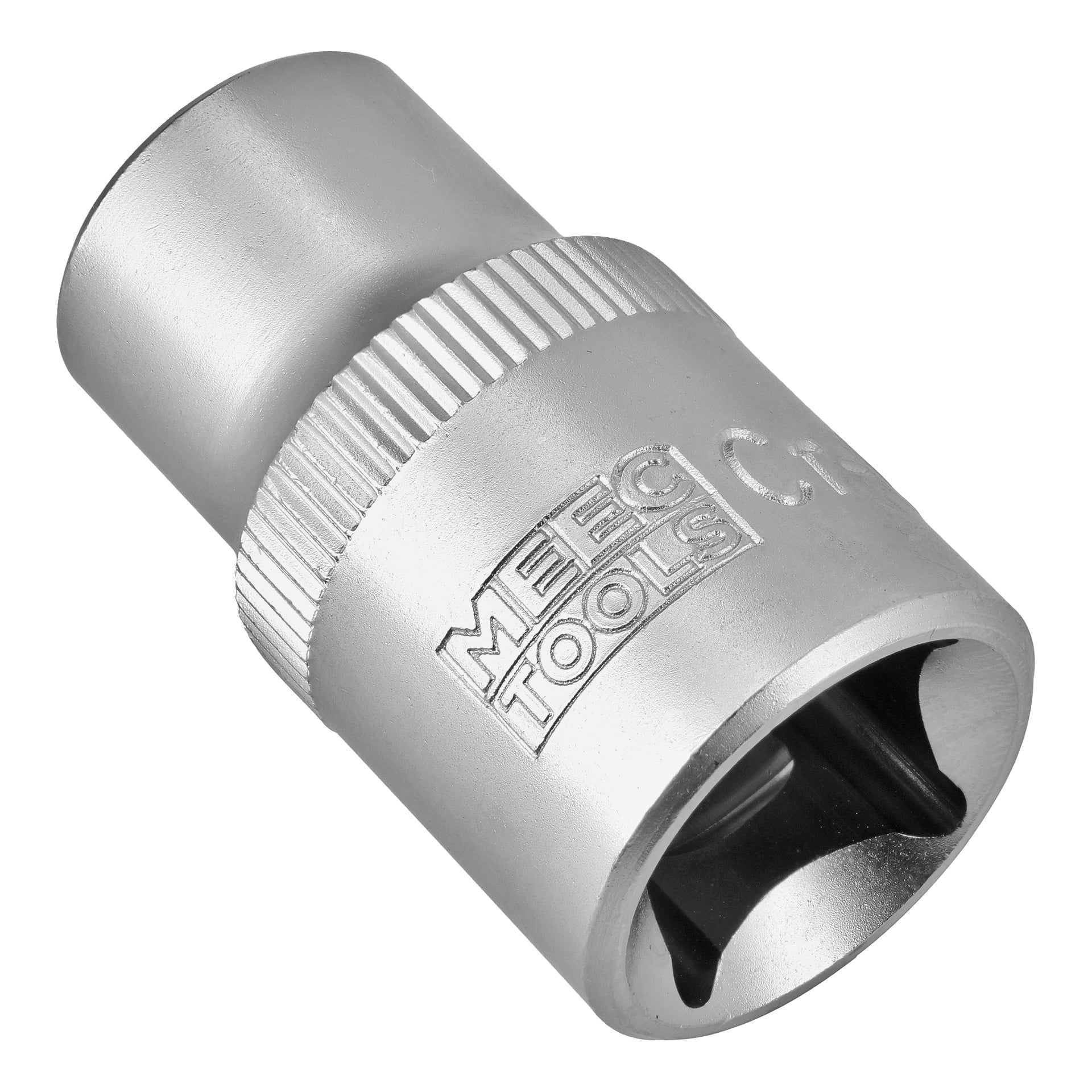 En närbild av en Meece Tools hylsa i silver, med varumärket ingraverat på sidan och den sexkantiga öppningen i ena änden.