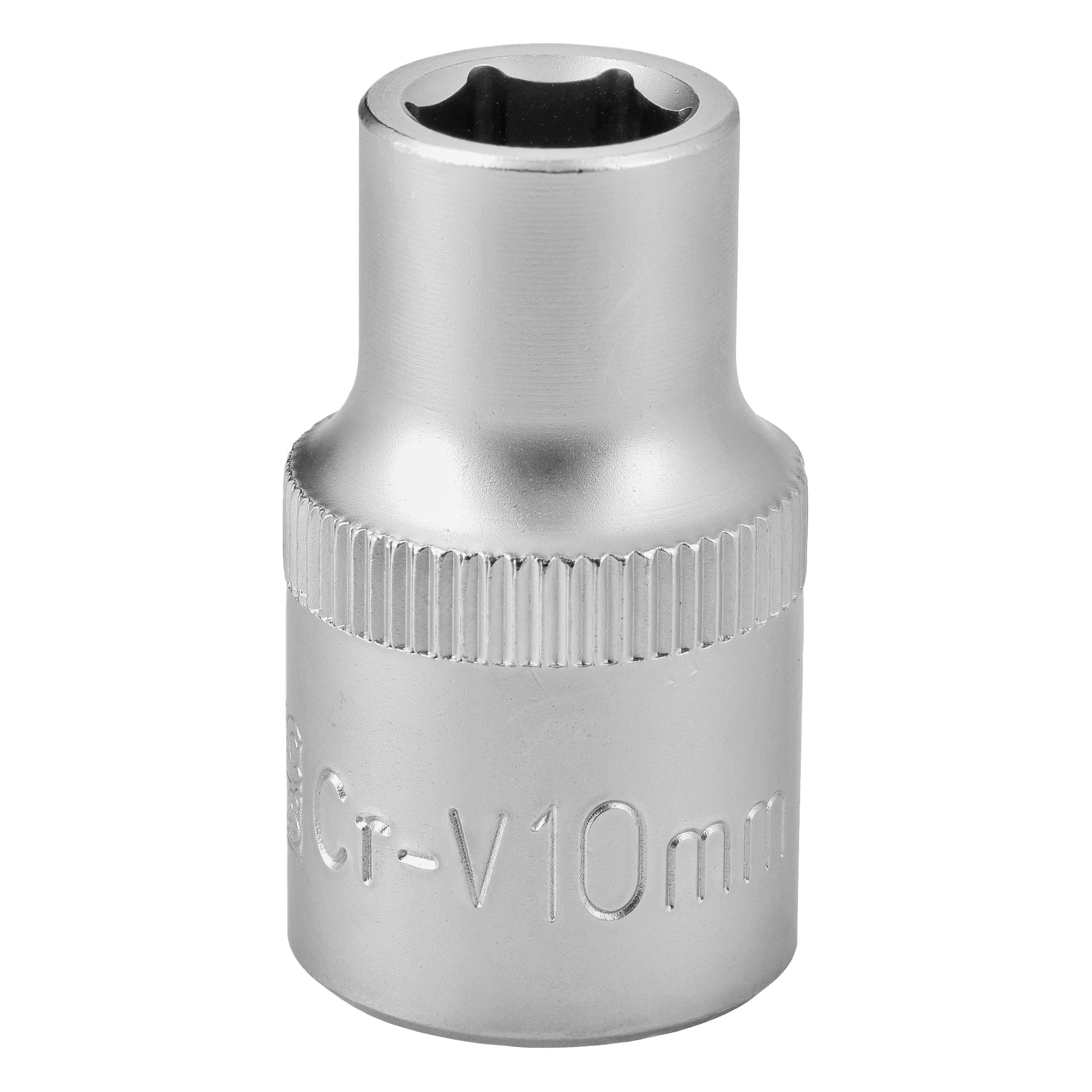 Närbild på en 10 mm hylsa av kromvanadin med sexkantig öppning och graverad Cr-V 10 mm-märkning på sidan. Metallen är slät med en räfflad greppdel nära basen.