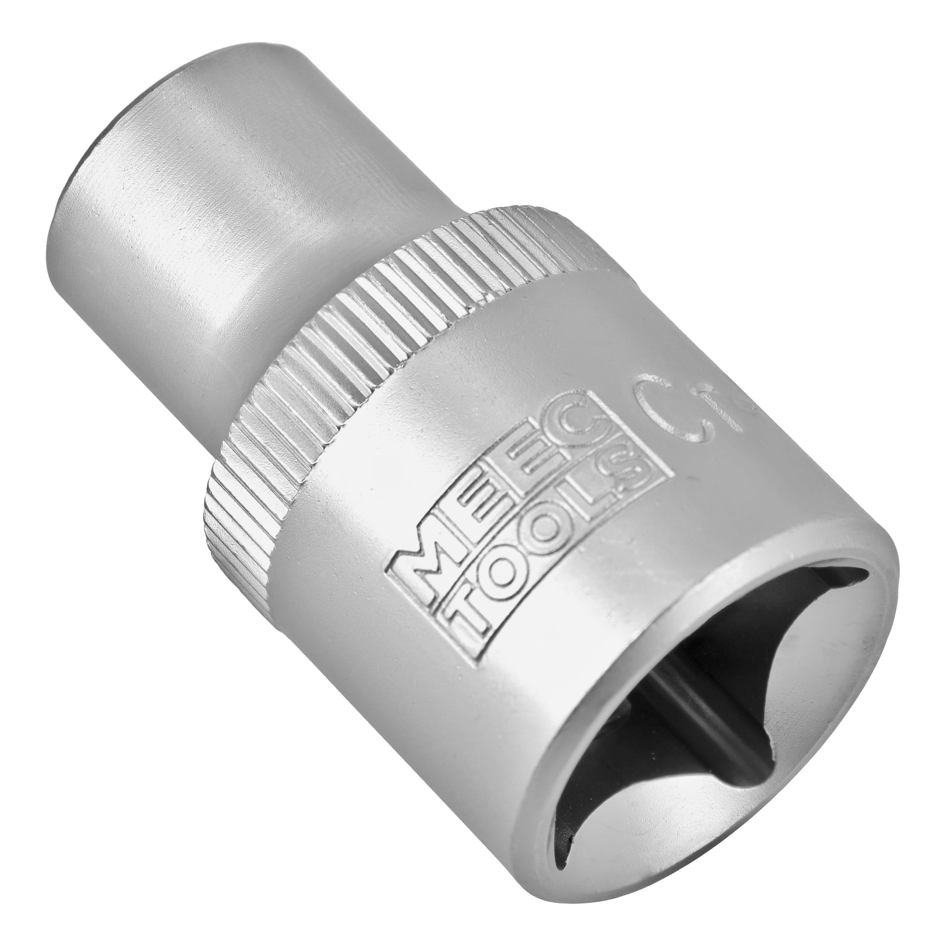 En silverfärgad Meec Tools hylsa med korsformad invändig design, som används för att vrida fästelement, visas mot en vit bakgrund.