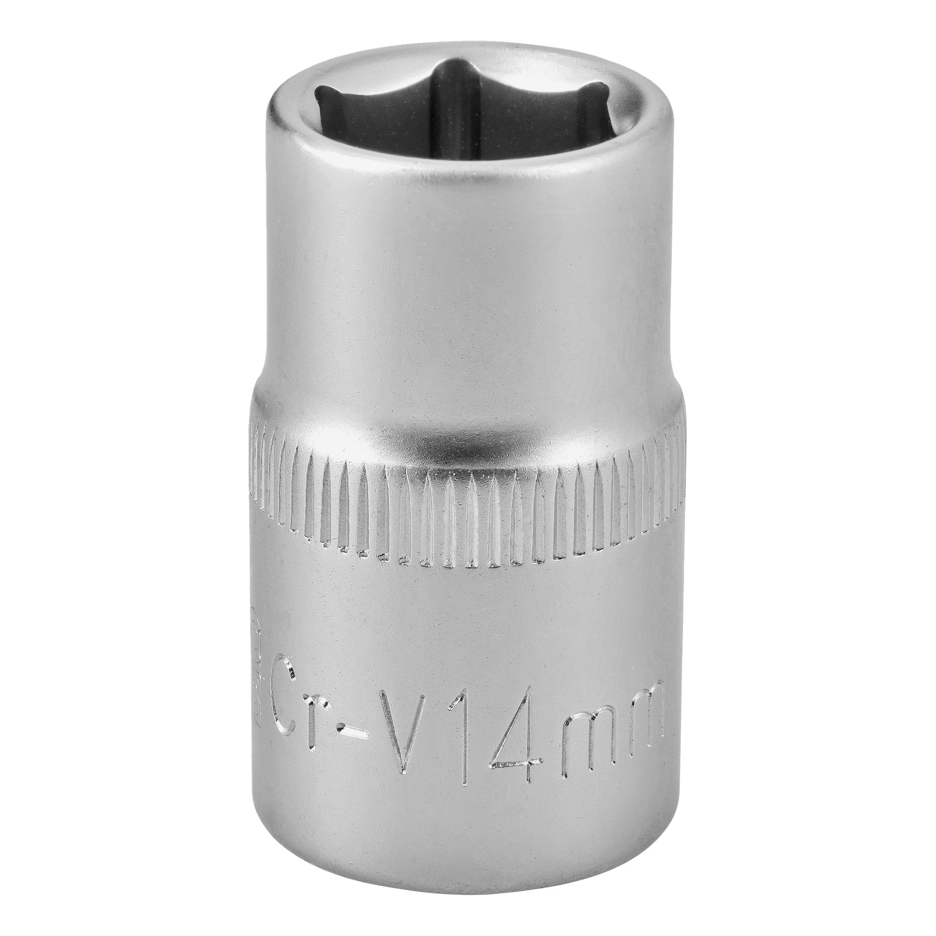 Närbild på en 14 mm hylsa av krom-vanadinium, som visar den sexdelade insidan och den graverade storleksmarkeringen på sidan.