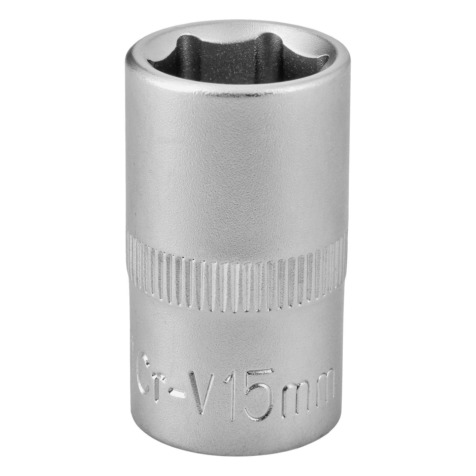 En silverfärgad 15 mm hylsa med sex punkter invändigt, räfflat grepp och märkningen Cr-V 15mm ingraverad på sidan. Verktyget är utformat för användning med spärr- eller hylsnyckel.