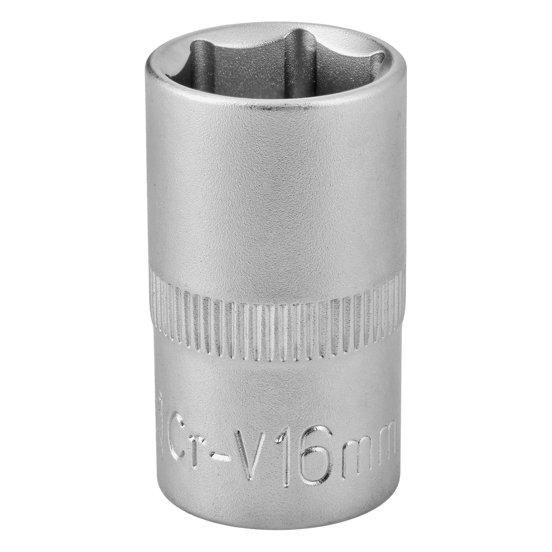 Närbild på ett 16 mm hylsfäste av krom-vanadium, med metallisk yta, räfflat grepp och graverad storleksmarkering Cr-V 16 mm.