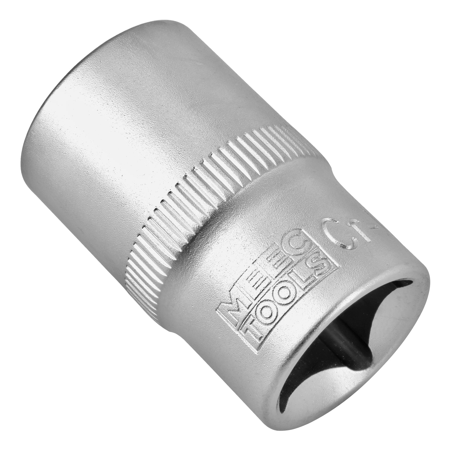 Ett hylsverktyg i silverfärgad metall med räfflat grepp, graverat med orden MEEG TOOLS och siffran 17 på sidan, mot en vit bakgrund.